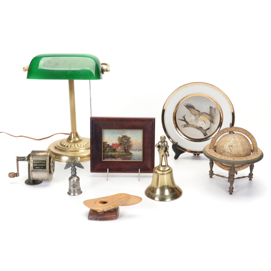 Art Deco Style Bankers Lamp, Roseville Candlestick, Pencil Sharpener and More