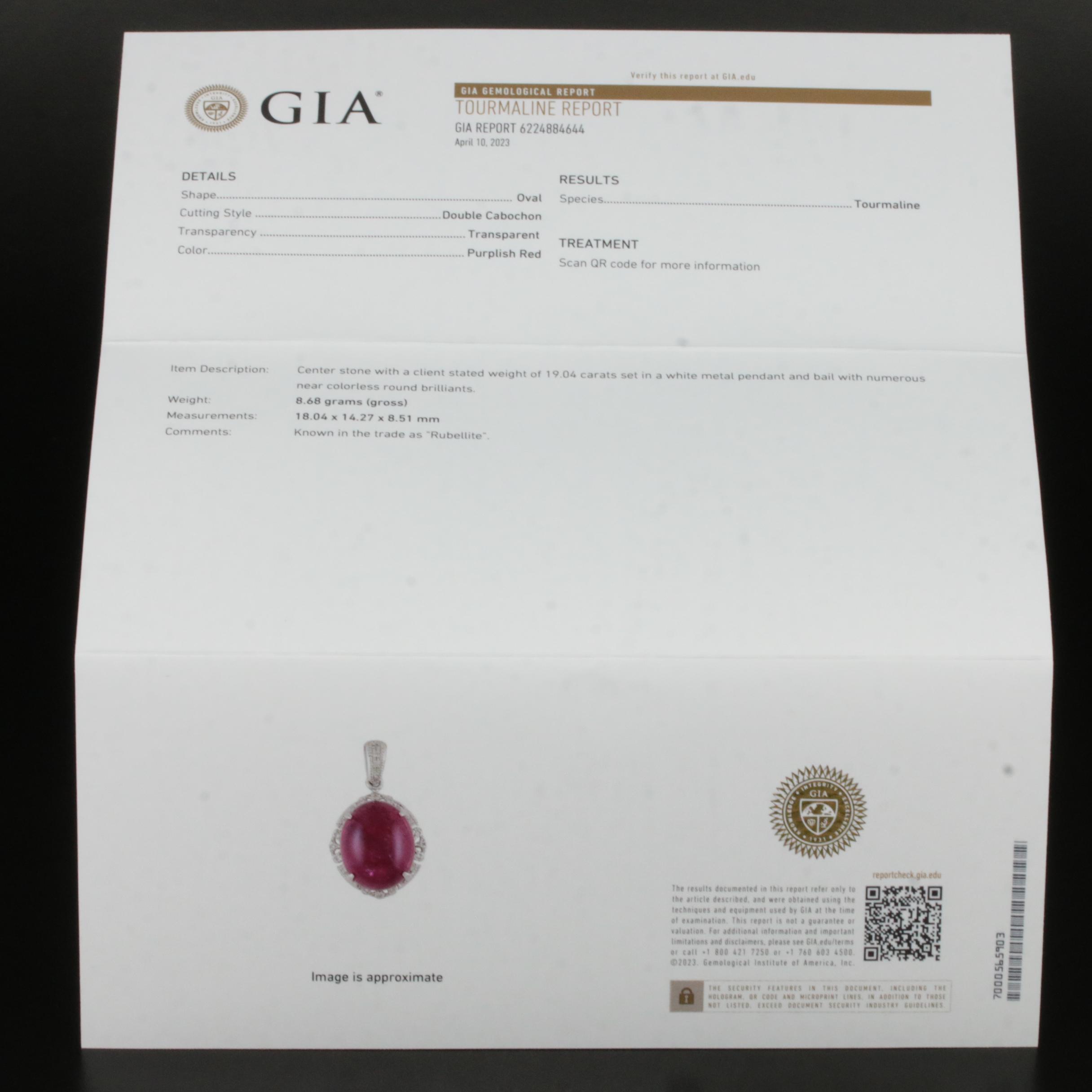 10K 19.04 CT Rubellite Tourmaline and Diamond Pendant with GIA Report
