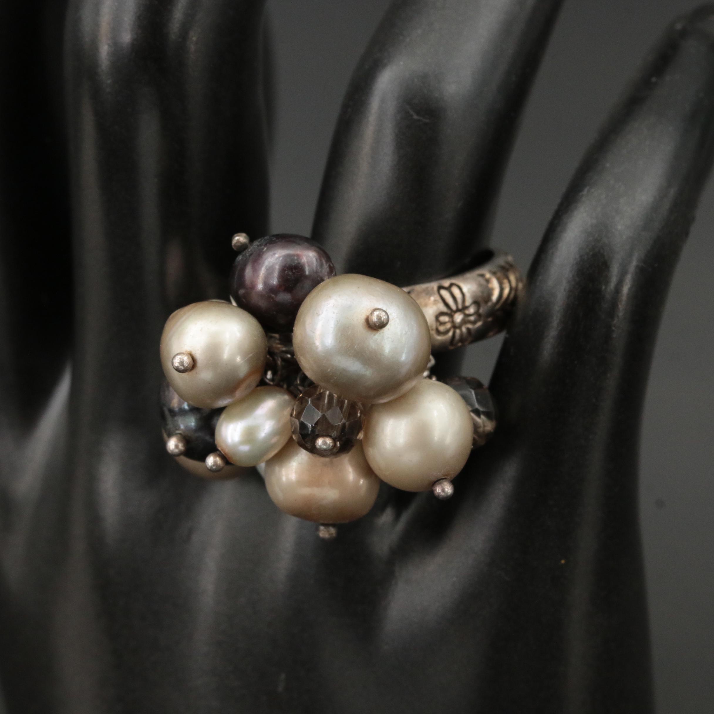 Sterling Pearl and Smoky Quartz Pom Pom Ring