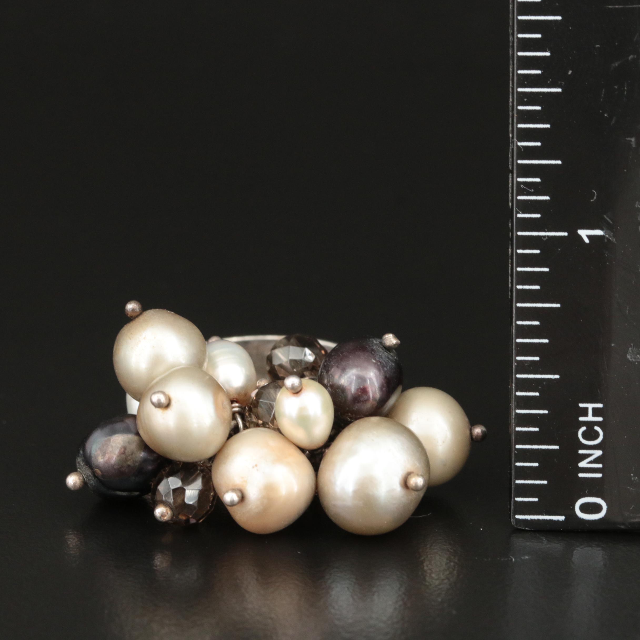 Sterling Pearl and Smoky Quartz Pom Pom Ring