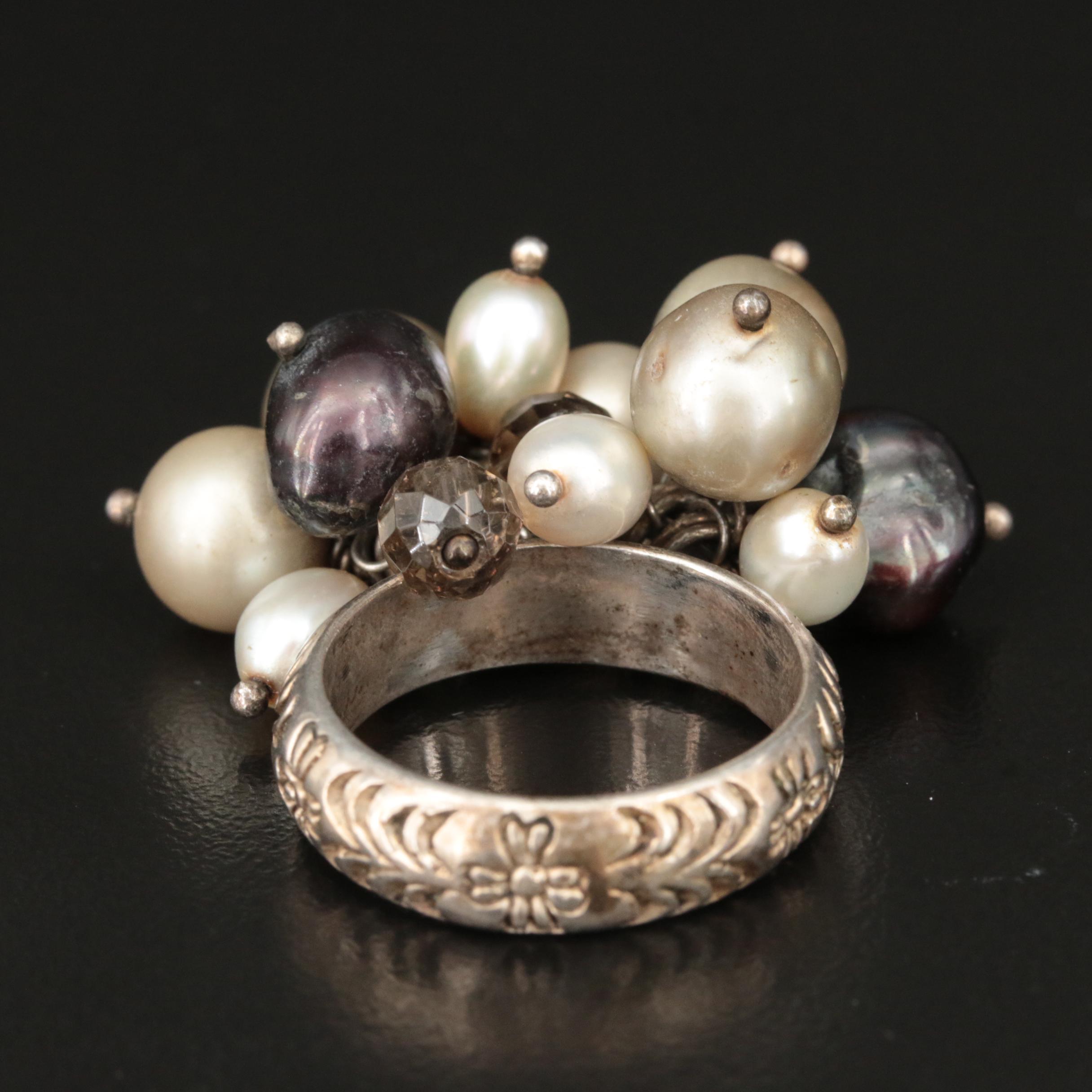 Sterling Pearl and Smoky Quartz Pom Pom Ring