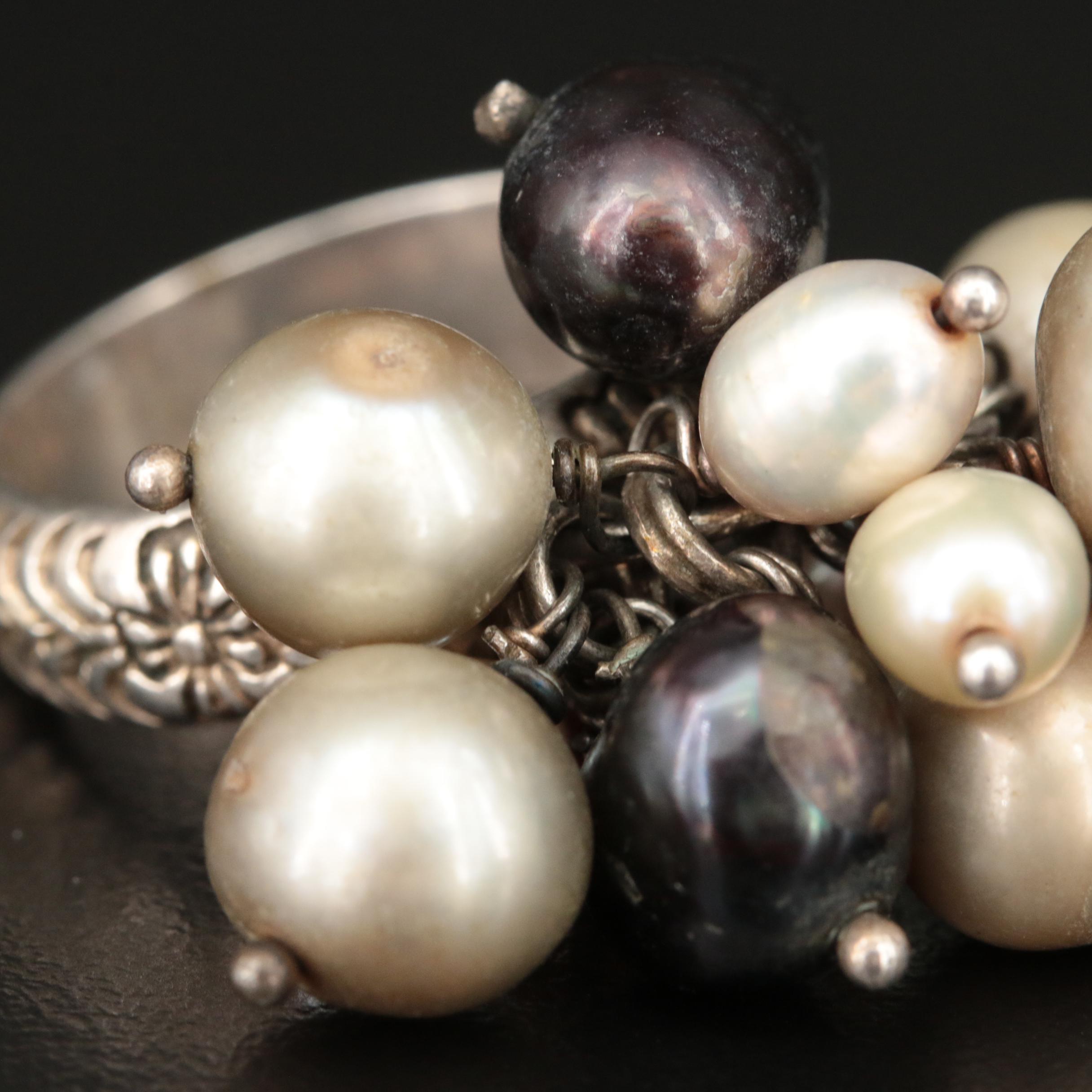 Sterling Pearl and Smoky Quartz Pom Pom Ring