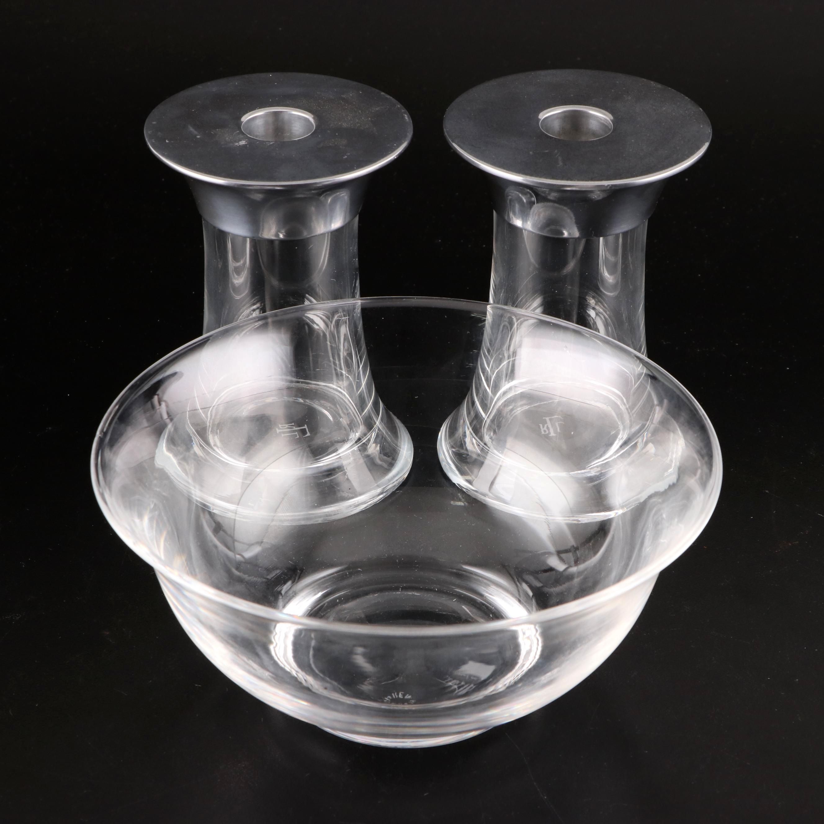 Ralph Lauren "Ella" Clear Crystal Candlesticks and Footed Crystal Bowl