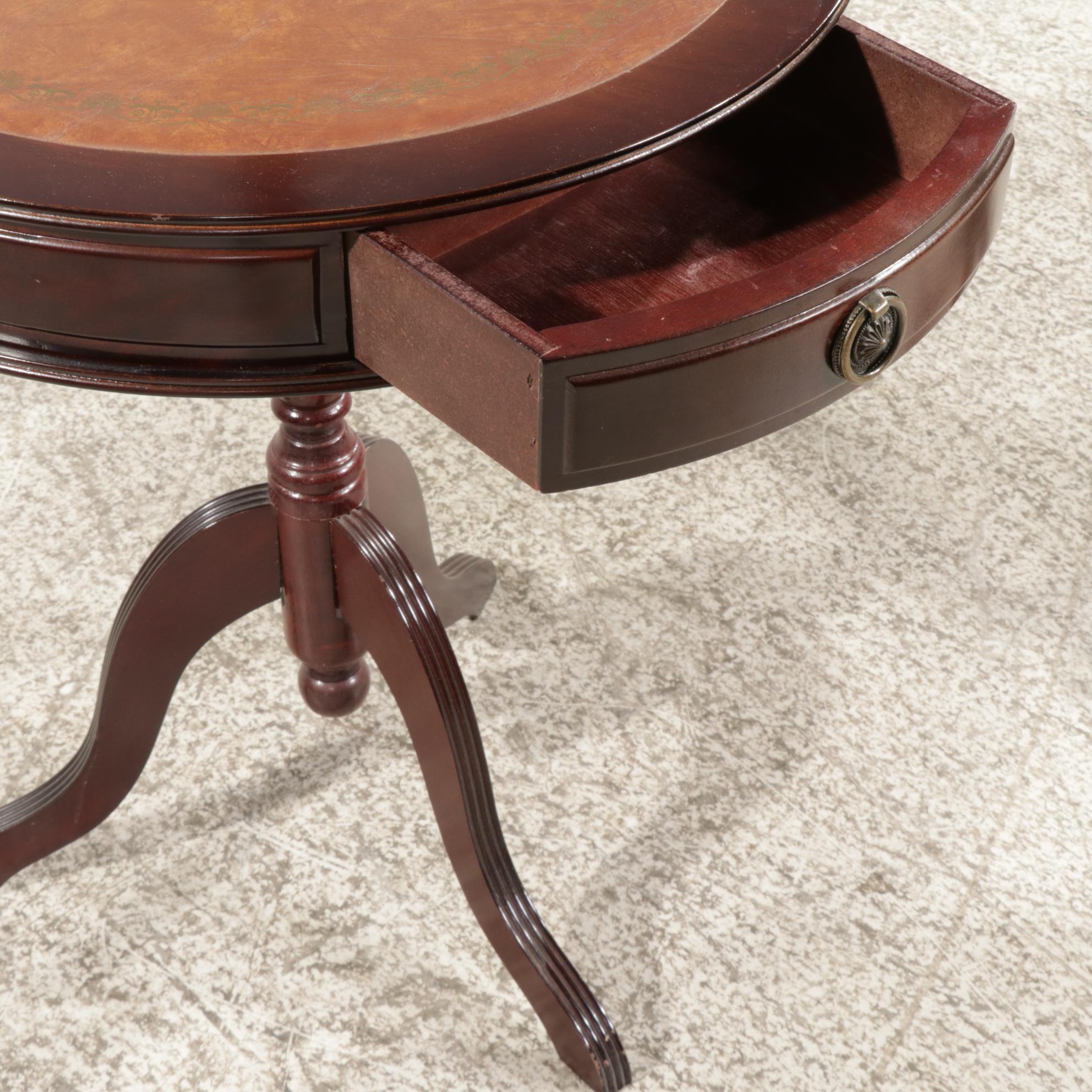 Two Mahogany Drum Style Side Tables with Wood Coat Rack