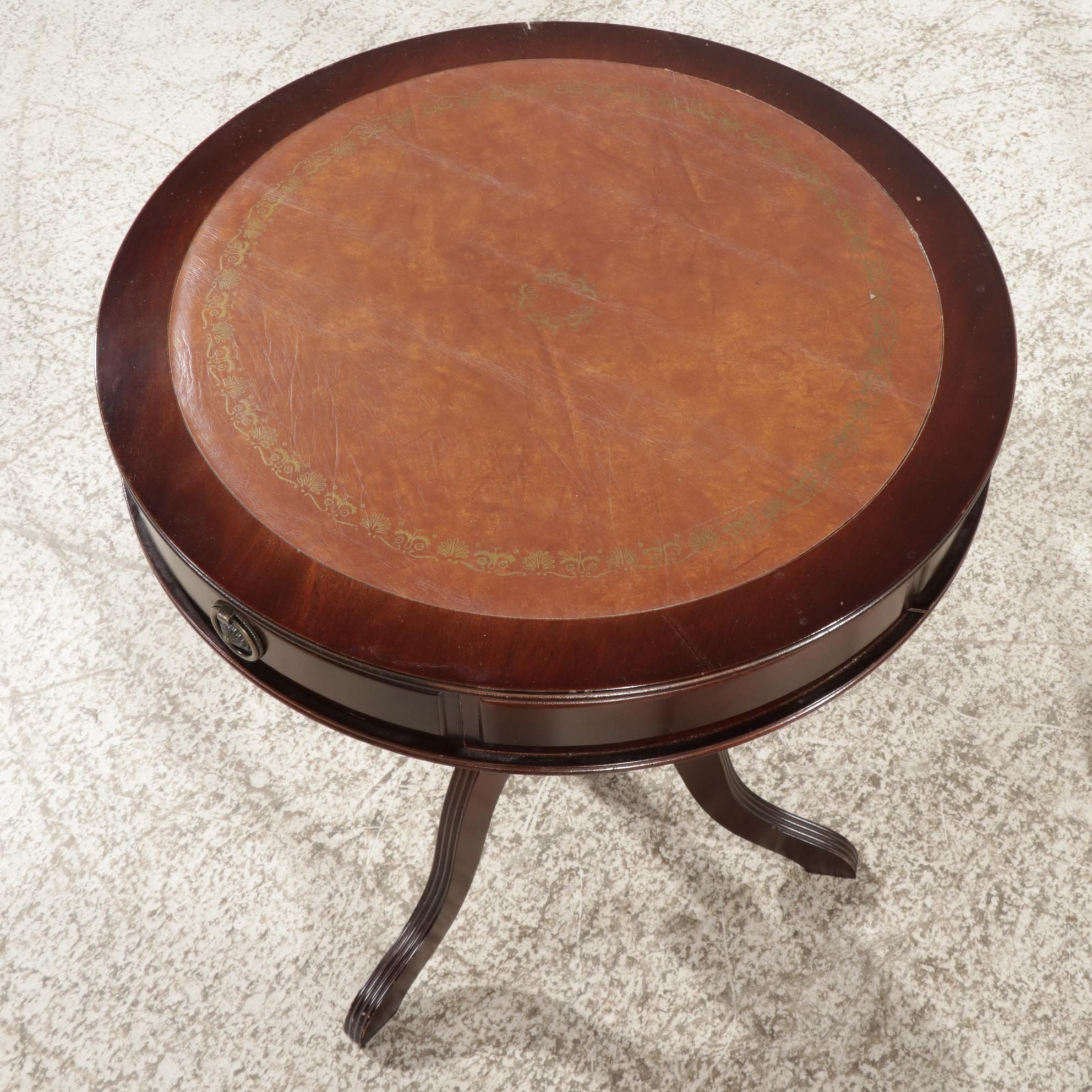 Two Mahogany Drum Style Side Tables with Wood Coat Rack