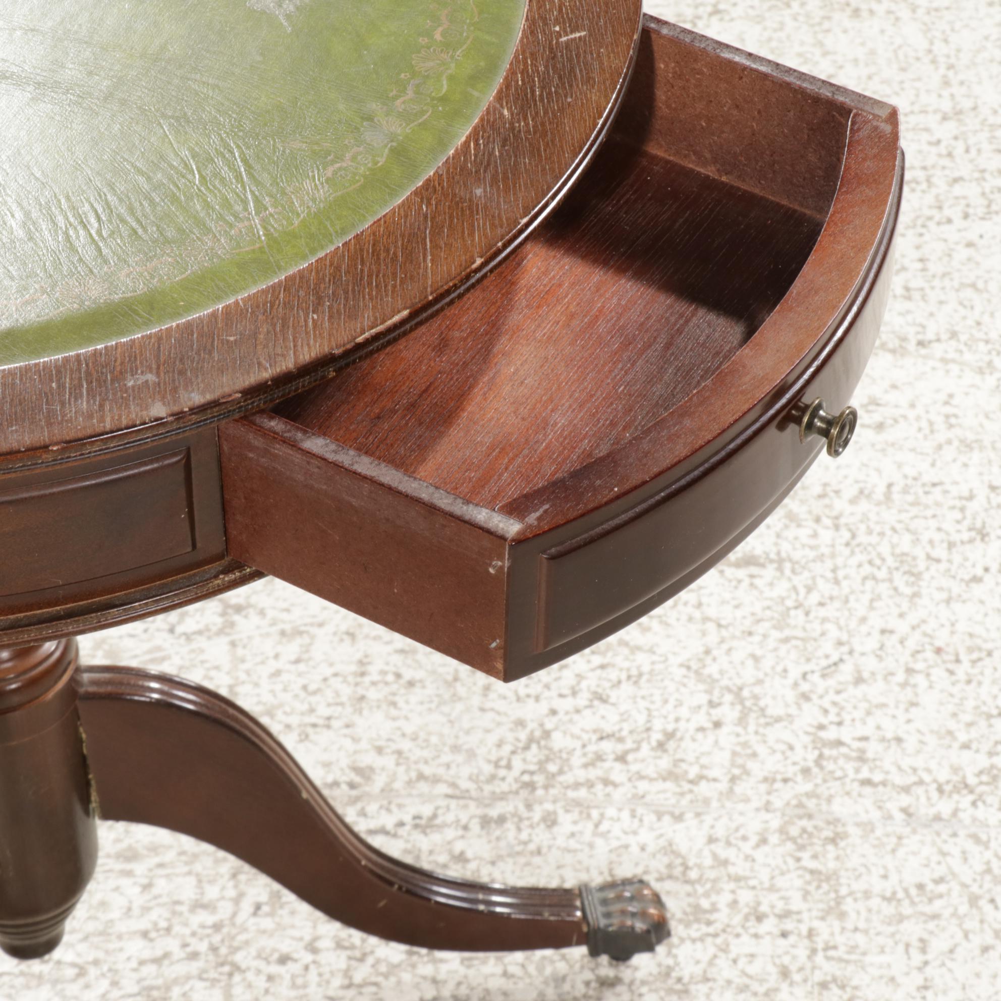 Two Mahogany Drum Style Side Tables with Wood Coat Rack