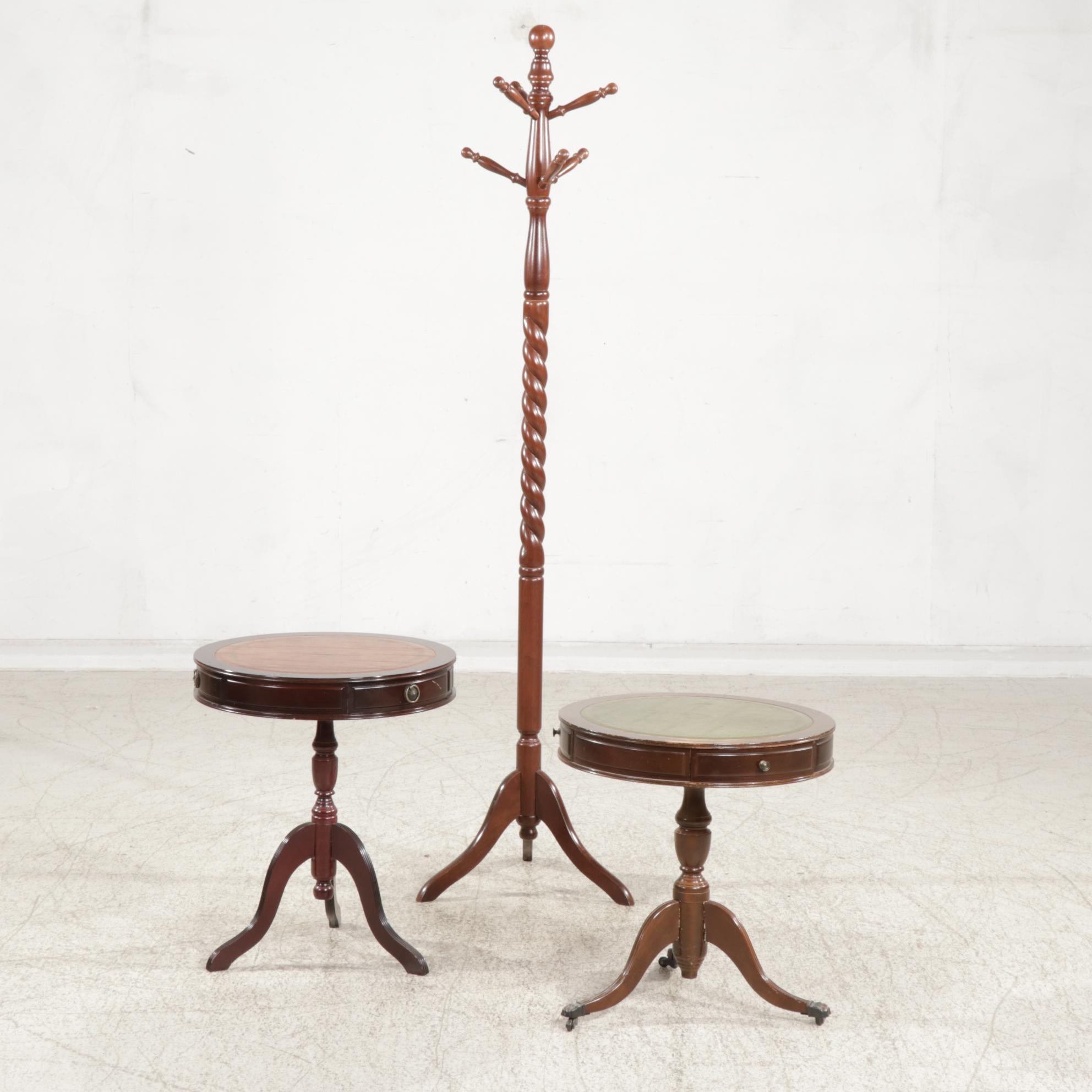 Two Mahogany Drum Style Side Tables with Wood Coat Rack
