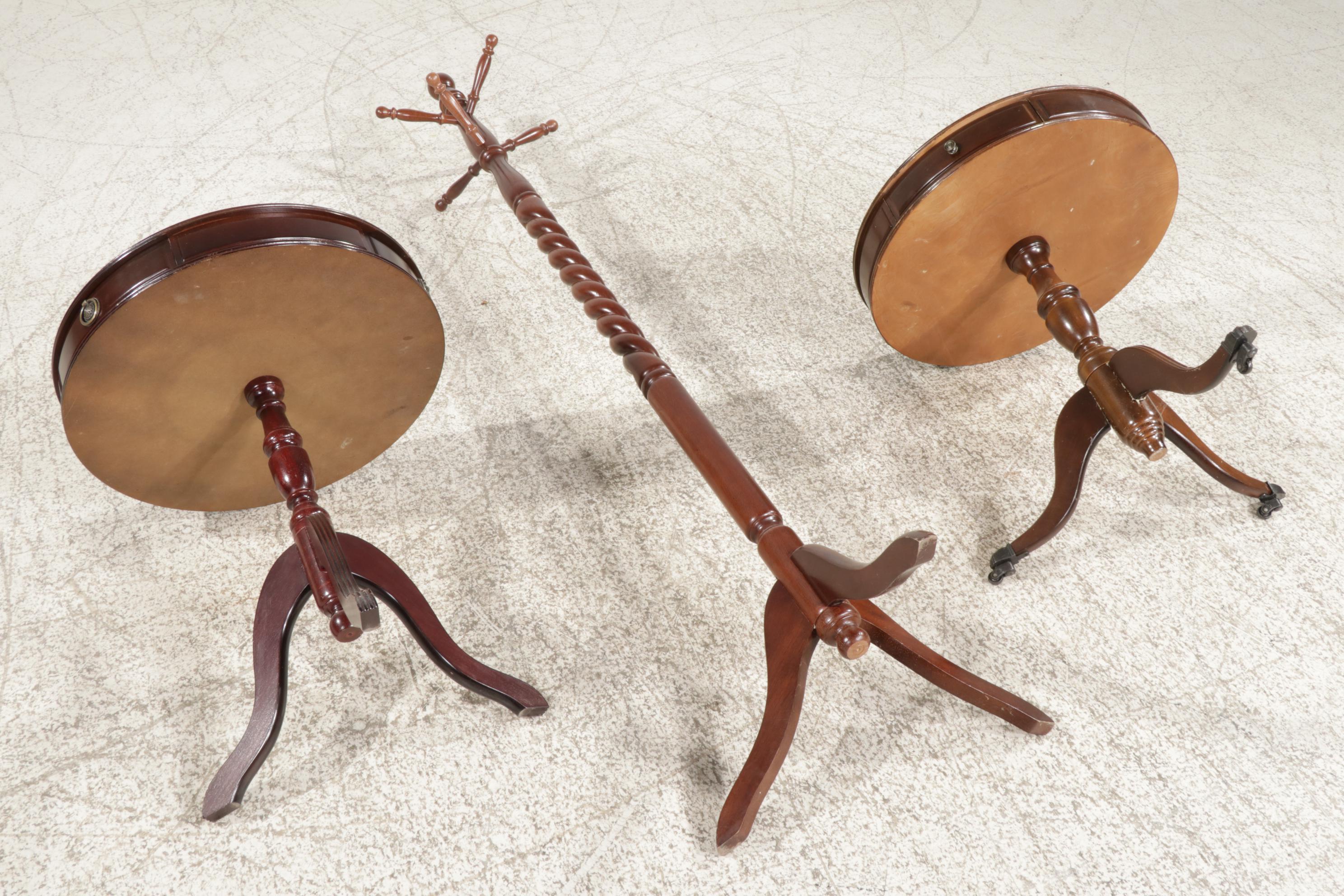Two Mahogany Drum Style Side Tables with Wood Coat Rack