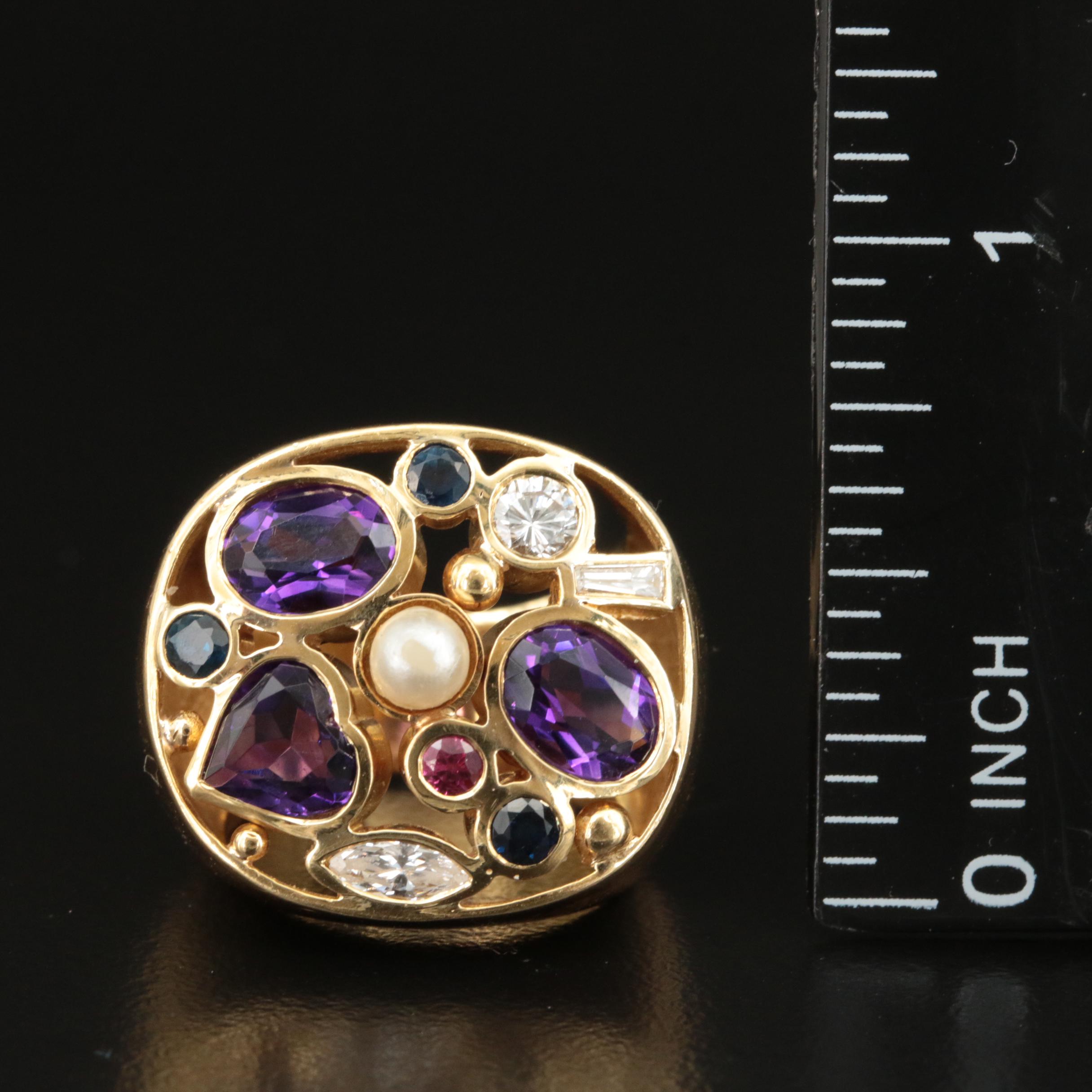 18K 0.31 CTW Diamond, Spinel, Sapphire, Amethyst and Faux Pearl Ring