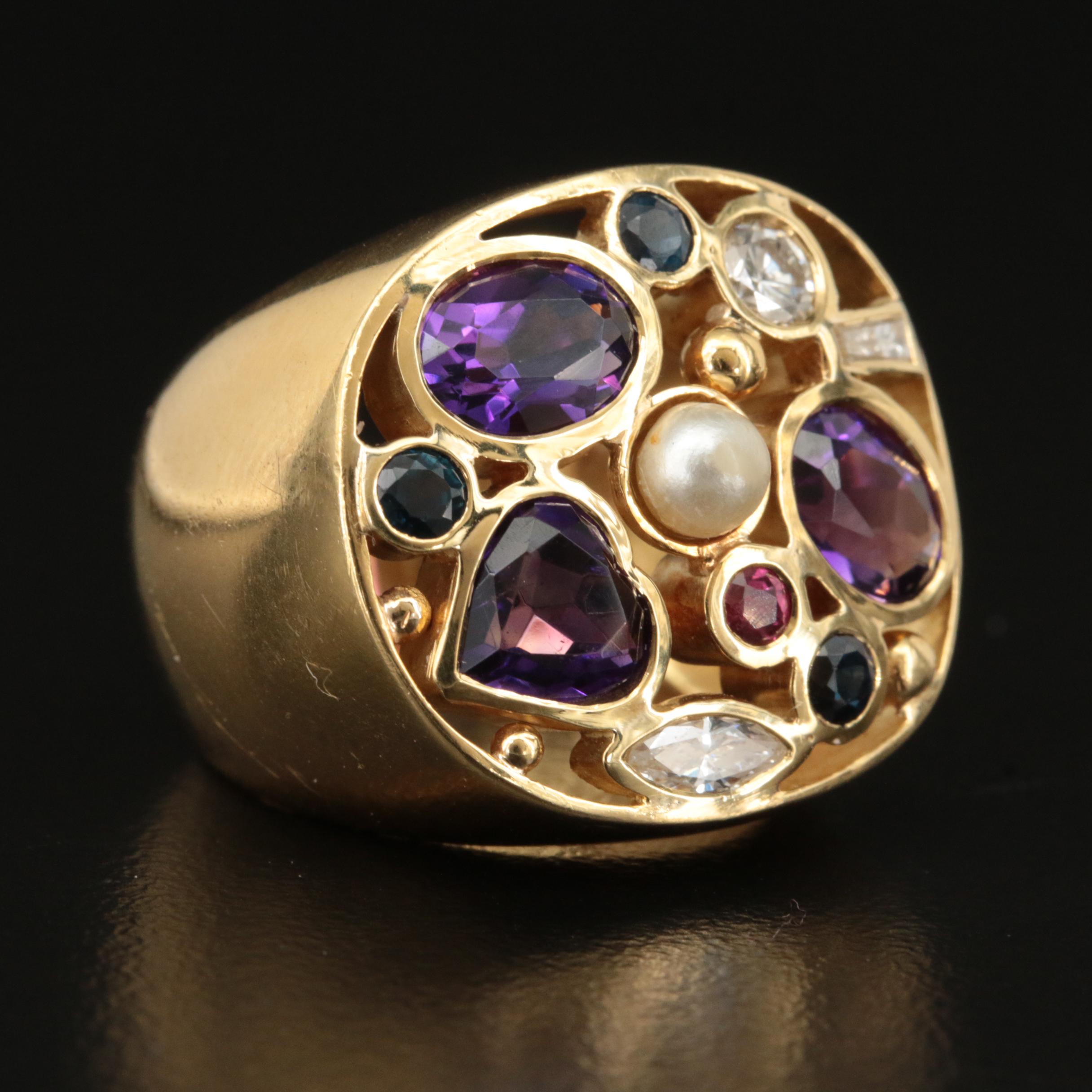 18K 0.31 CTW Diamond, Spinel, Sapphire, Amethyst and Faux Pearl Ring