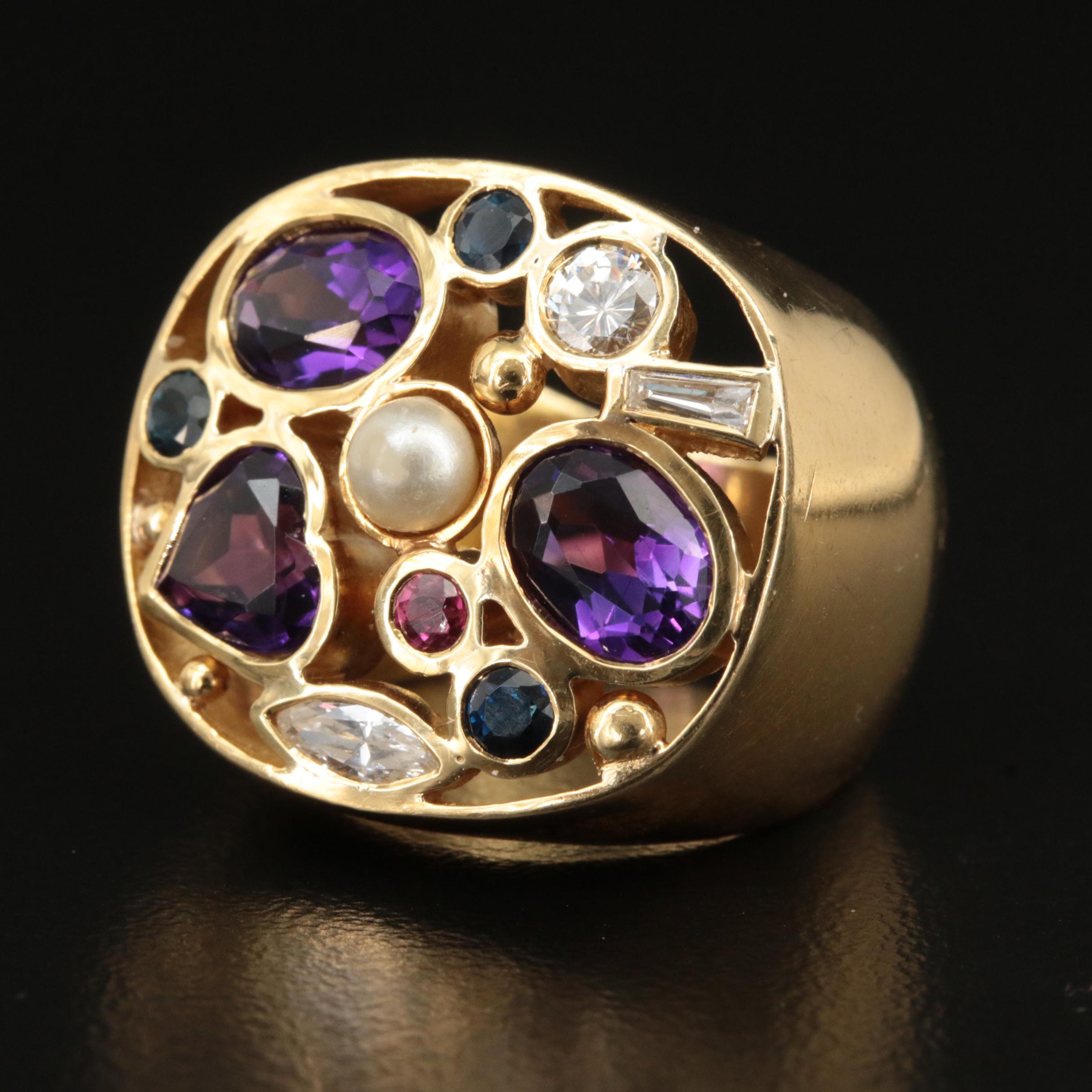 18K 0.31 CTW Diamond, Spinel, Sapphire, Amethyst and Faux Pearl Ring
