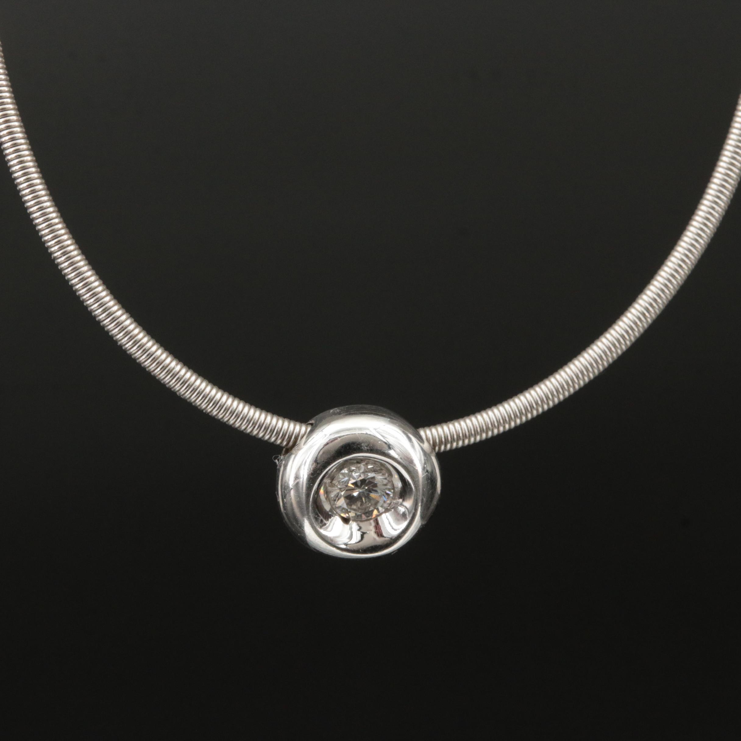 18K 0.12 CT Diamond Solitaire Pendant on Snake Chain