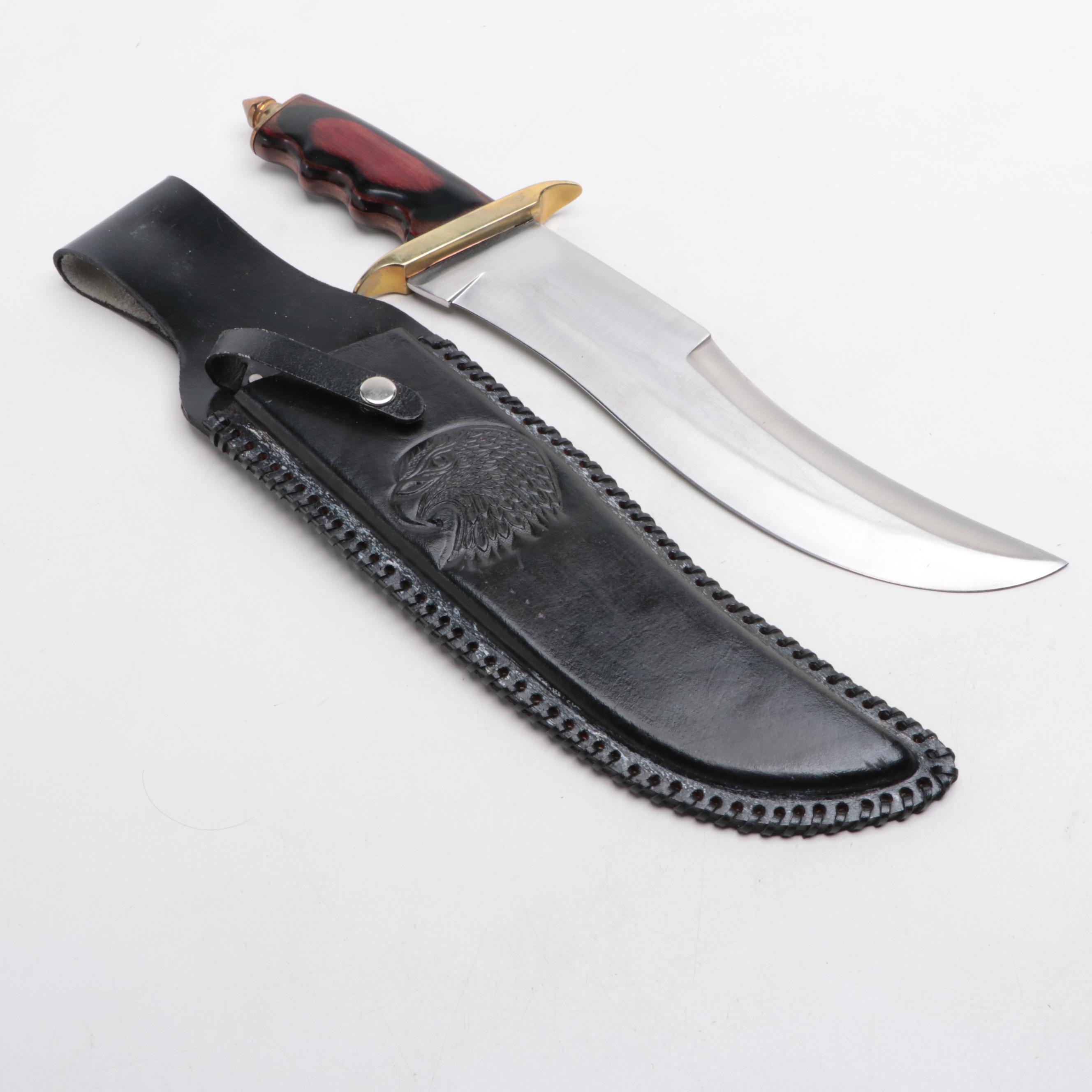 Wooden-Handled Stainless Steel Fixed Blade Knife with Black Leather Scabbard