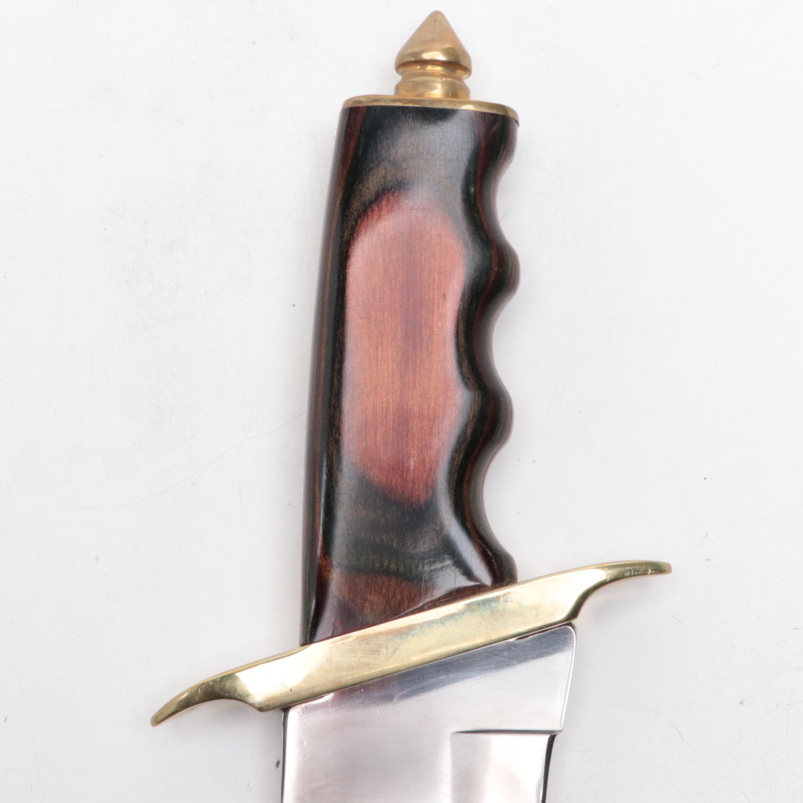 Wooden-Handled Stainless Steel Fixed Blade Knife with Black Leather Scabbard