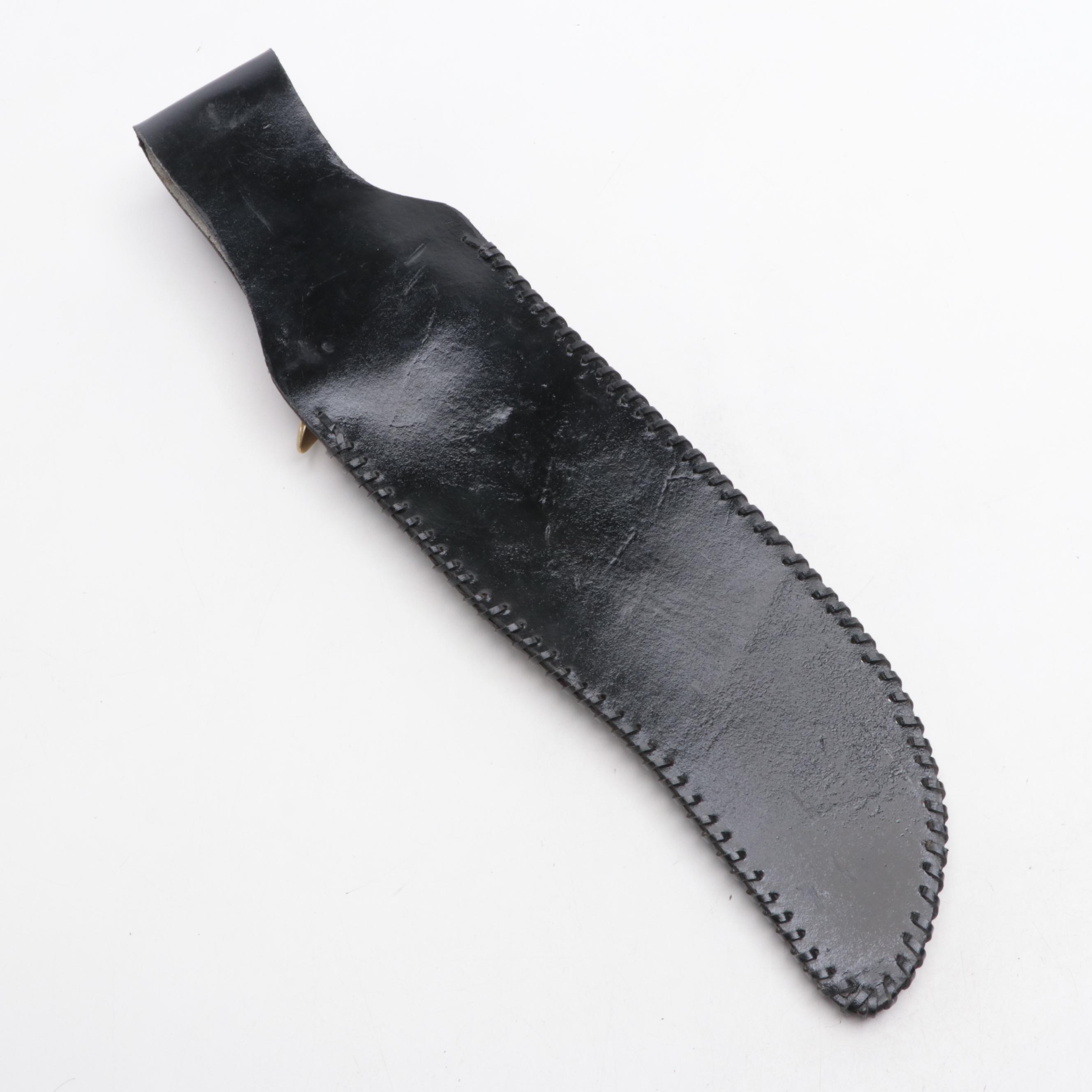 Wooden-Handled Stainless Steel Fixed Blade Knife with Black Leather Scabbard