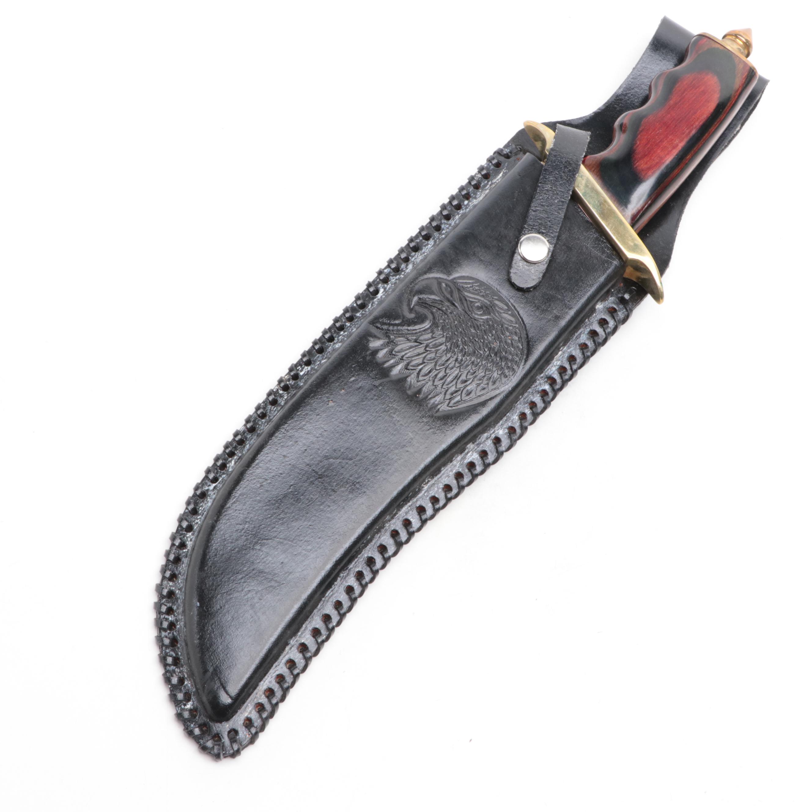 Wooden-Handled Stainless Steel Fixed Blade Knife with Black Leather Scabbard