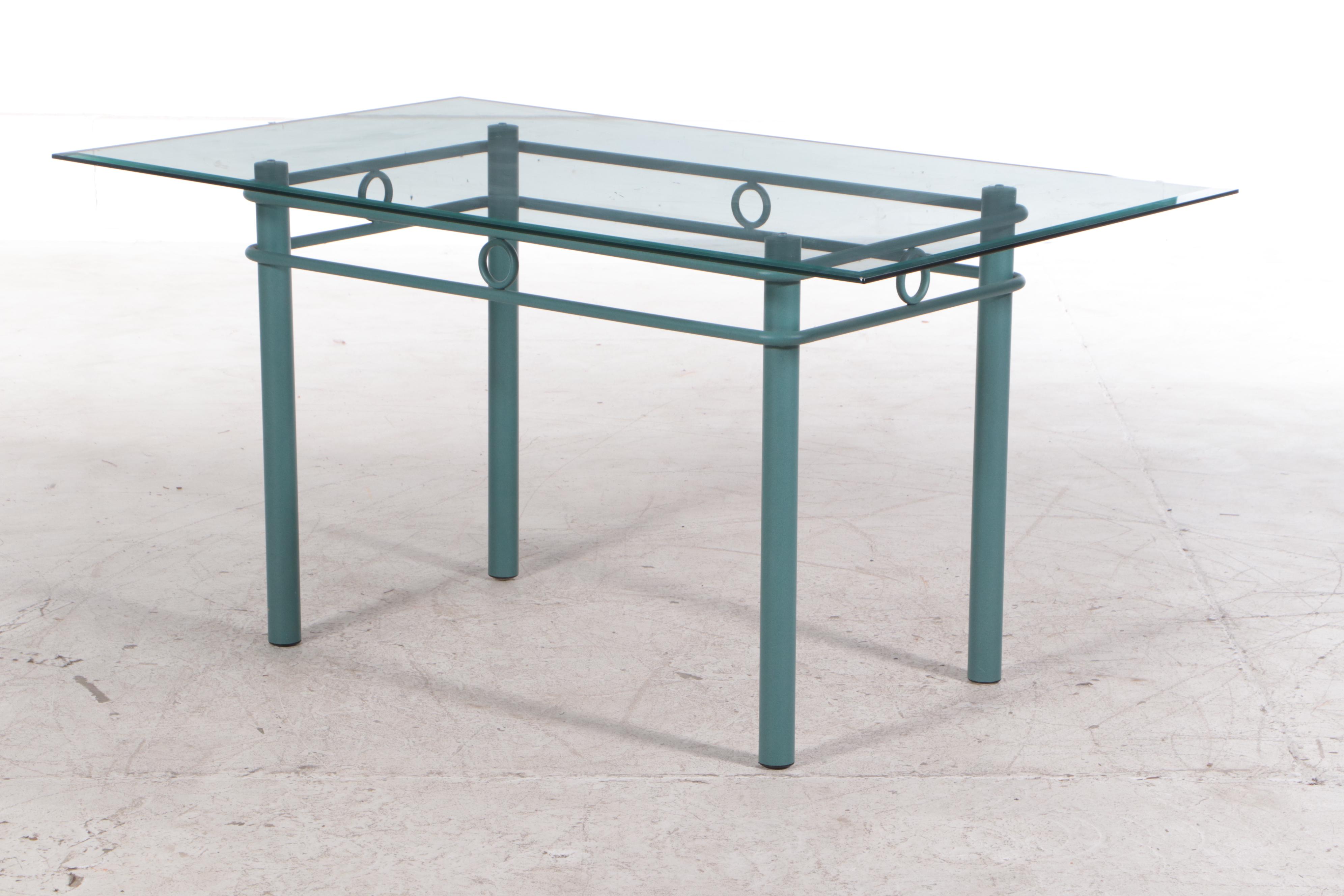 Seven-Piece Post Modern Green Powder-Coated Metal and Glass Top Dining Set