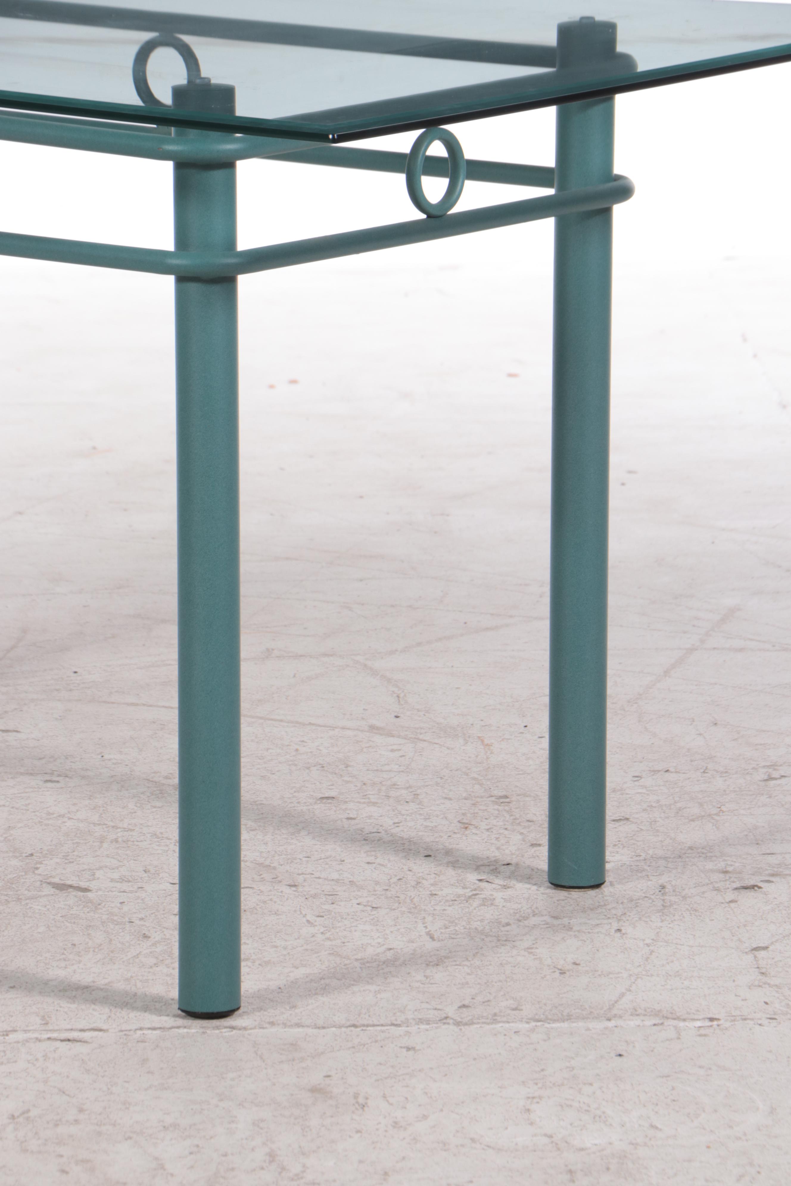 Seven-Piece Post Modern Green Powder-Coated Metal and Glass Top Dining Set