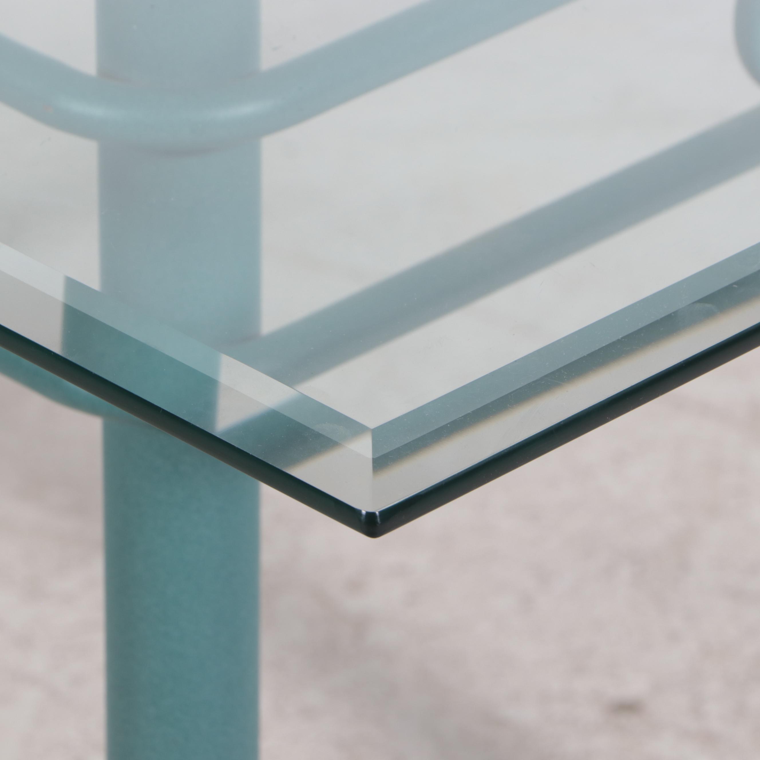 Seven-Piece Post Modern Green Powder-Coated Metal and Glass Top Dining Set