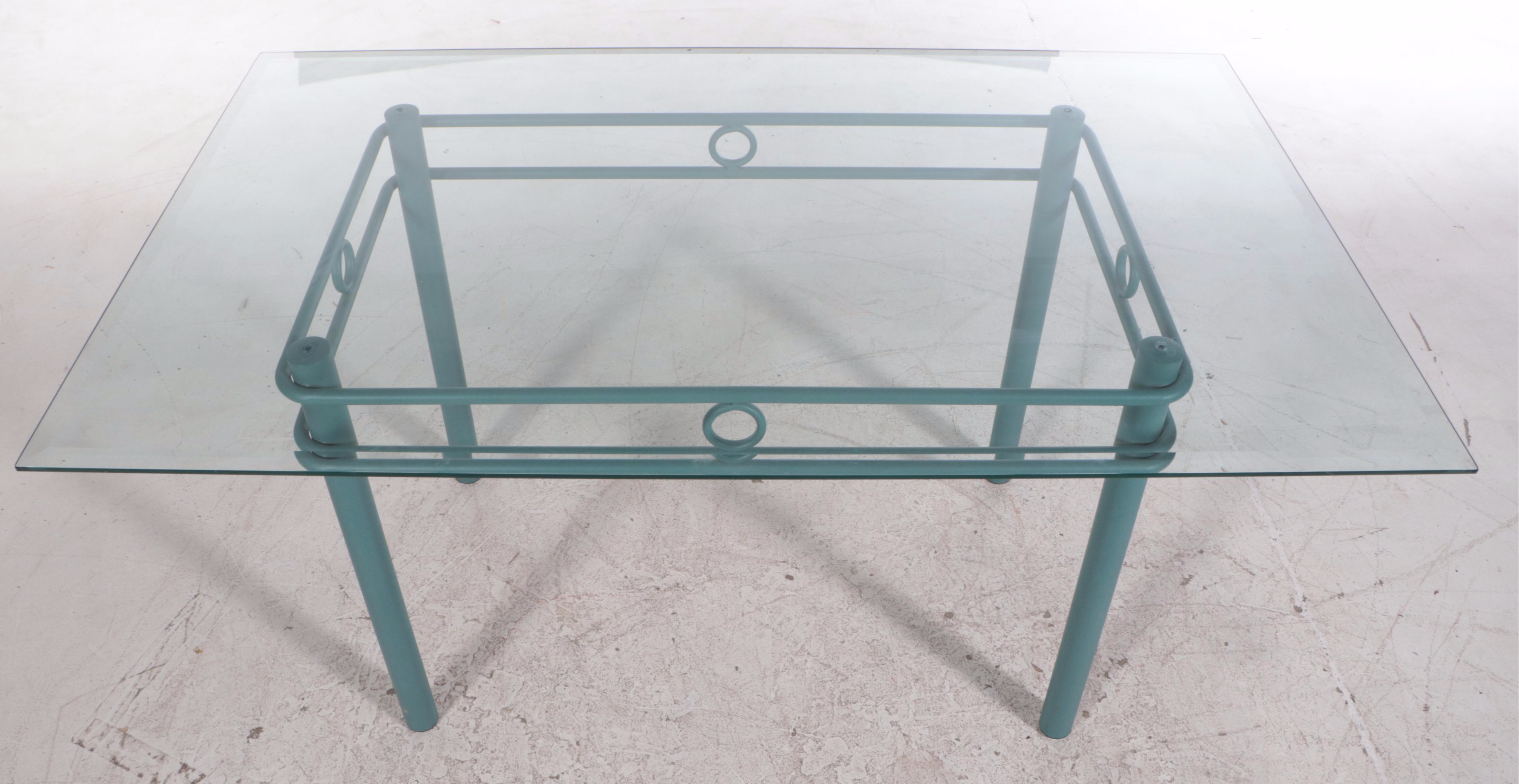 Seven-Piece Post Modern Green Powder-Coated Metal and Glass Top Dining Set