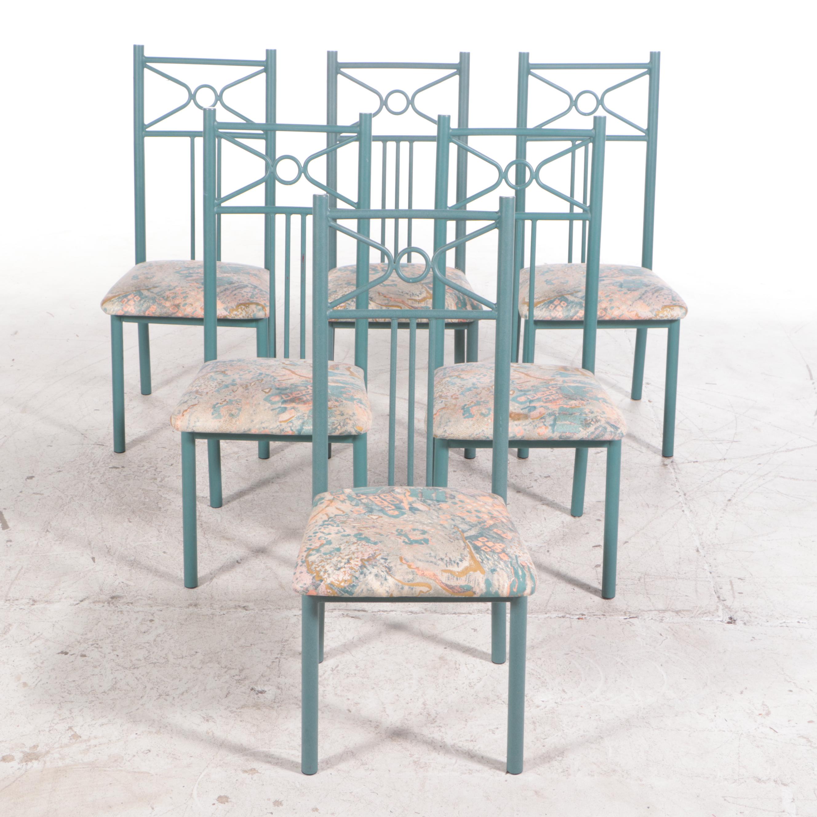 Seven-Piece Post Modern Green Powder-Coated Metal and Glass Top Dining Set