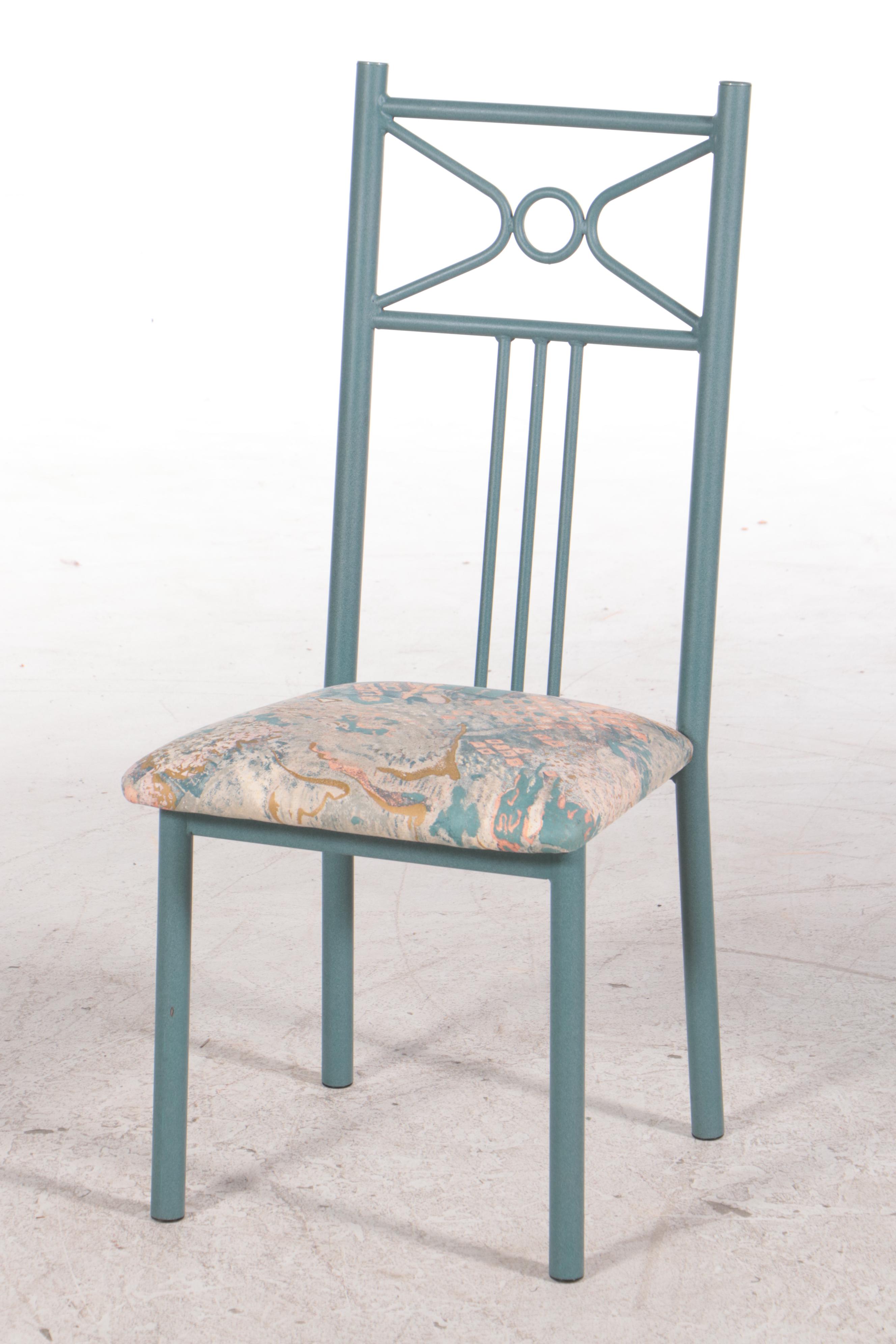 Seven-Piece Post Modern Green Powder-Coated Metal and Glass Top Dining Set