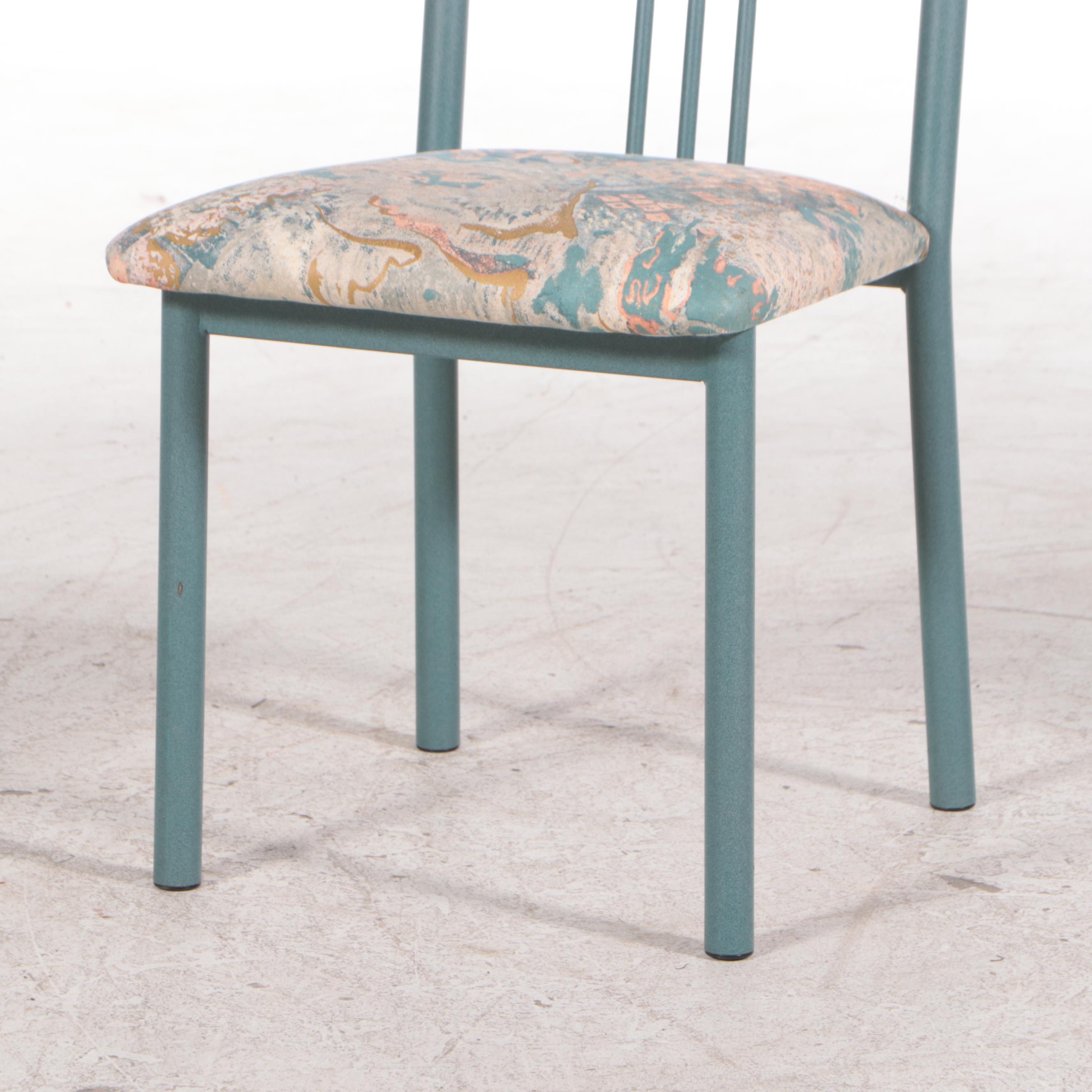 Seven-Piece Post Modern Green Powder-Coated Metal and Glass Top Dining Set