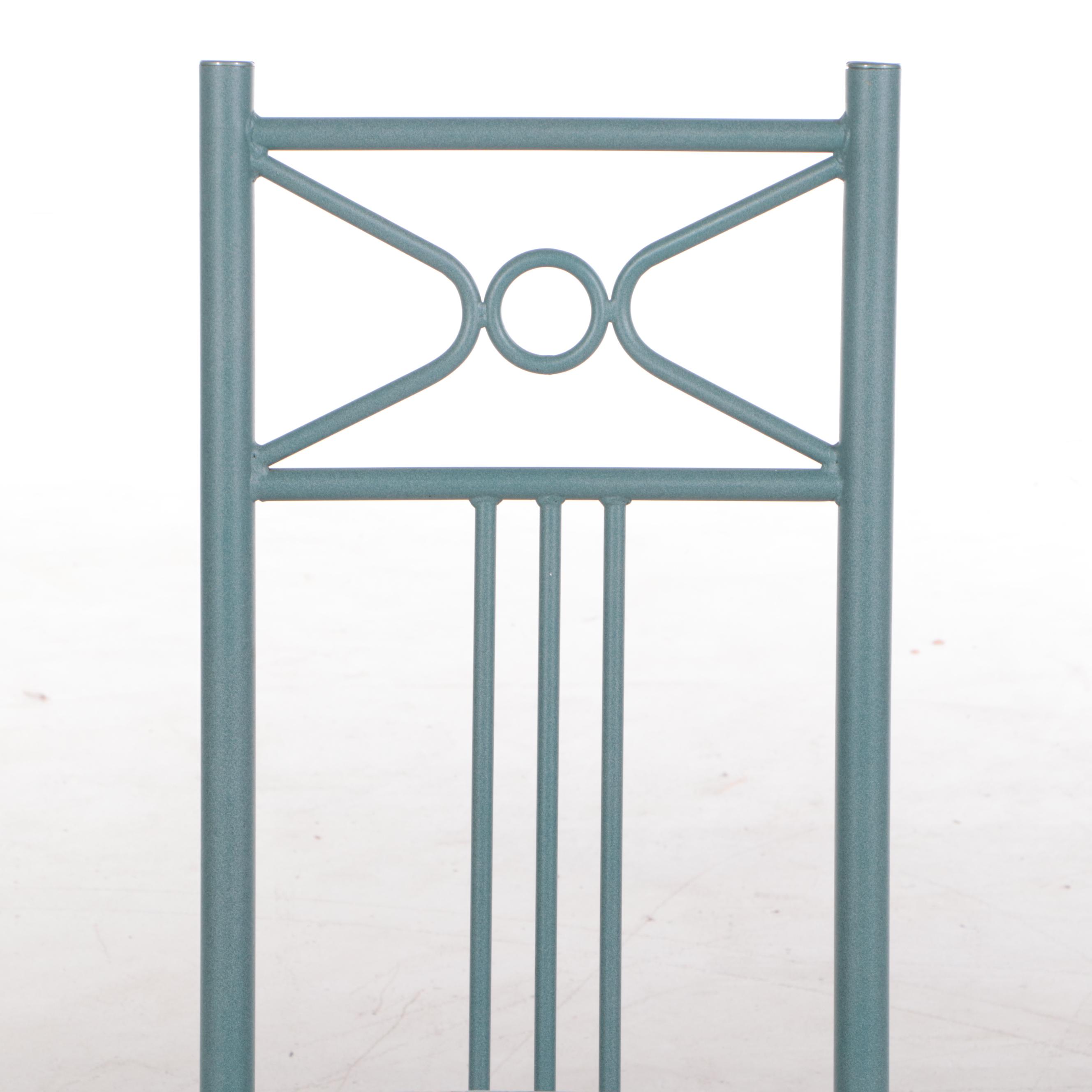 Seven-Piece Post Modern Green Powder-Coated Metal and Glass Top Dining Set