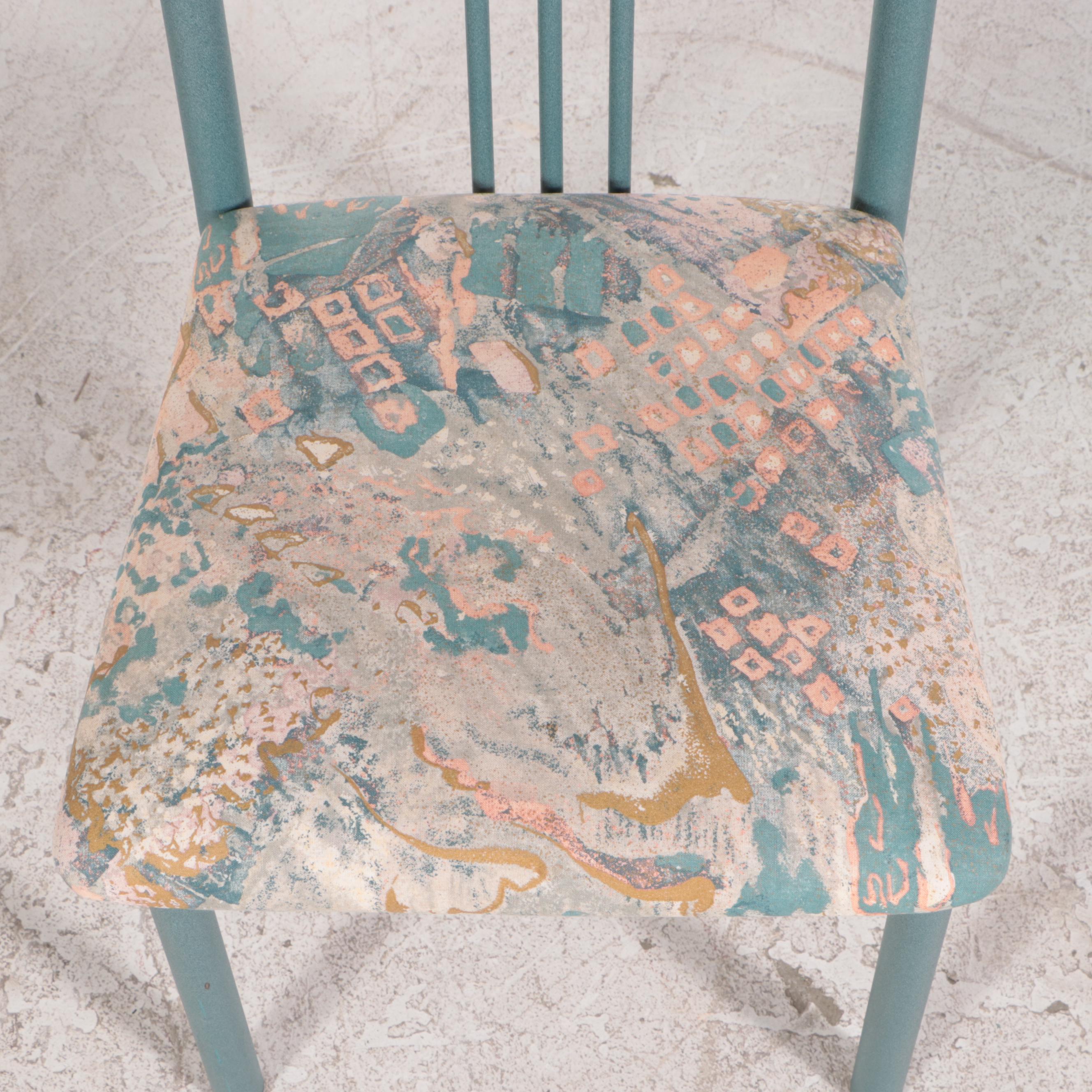 Seven-Piece Post Modern Green Powder-Coated Metal and Glass Top Dining Set