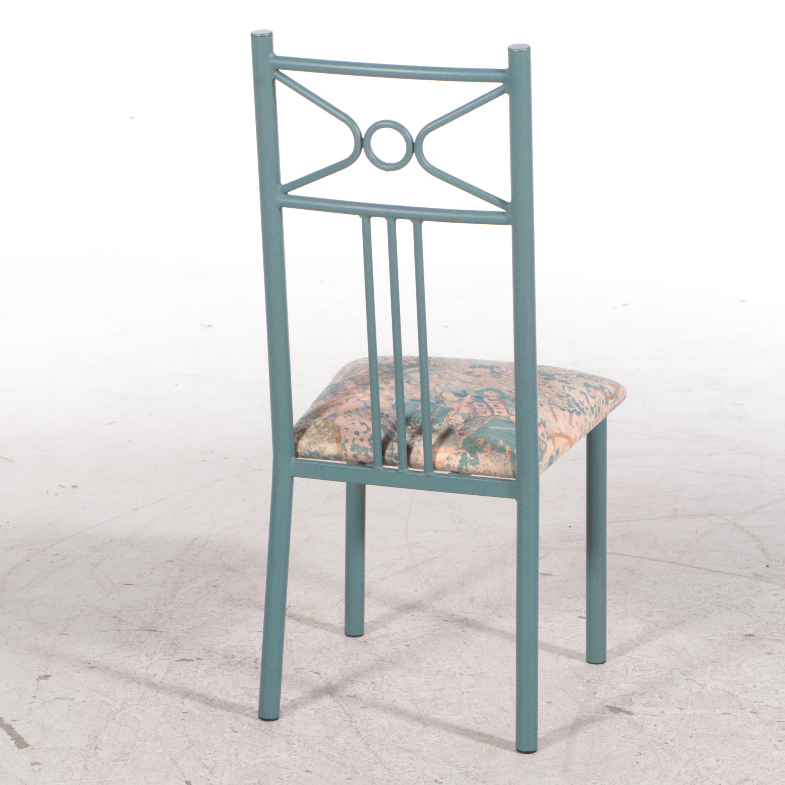 Seven-Piece Post Modern Green Powder-Coated Metal and Glass Top Dining Set