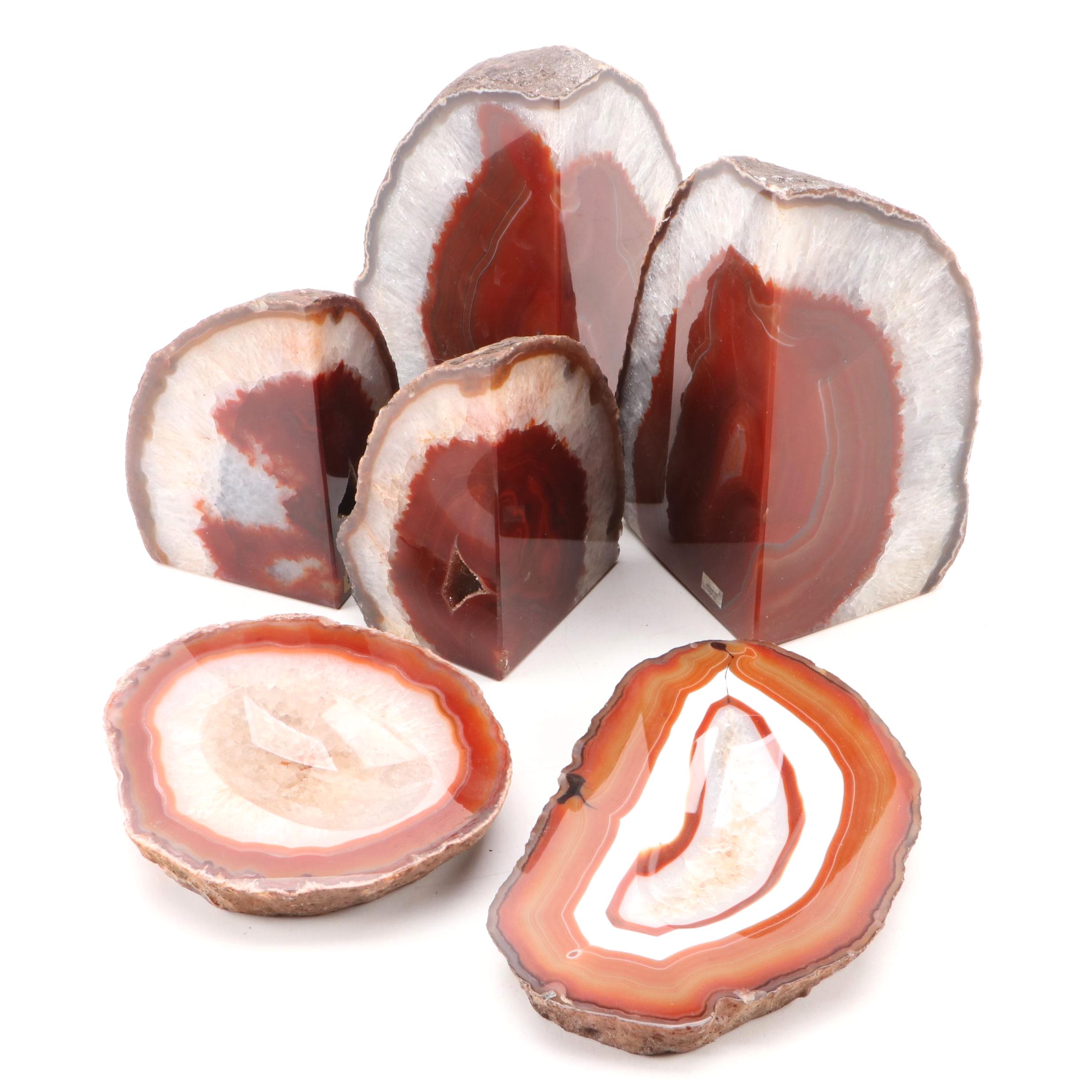 Sard Stone, Carnelian, Banded Agate and Quartz Bookends and Slabs