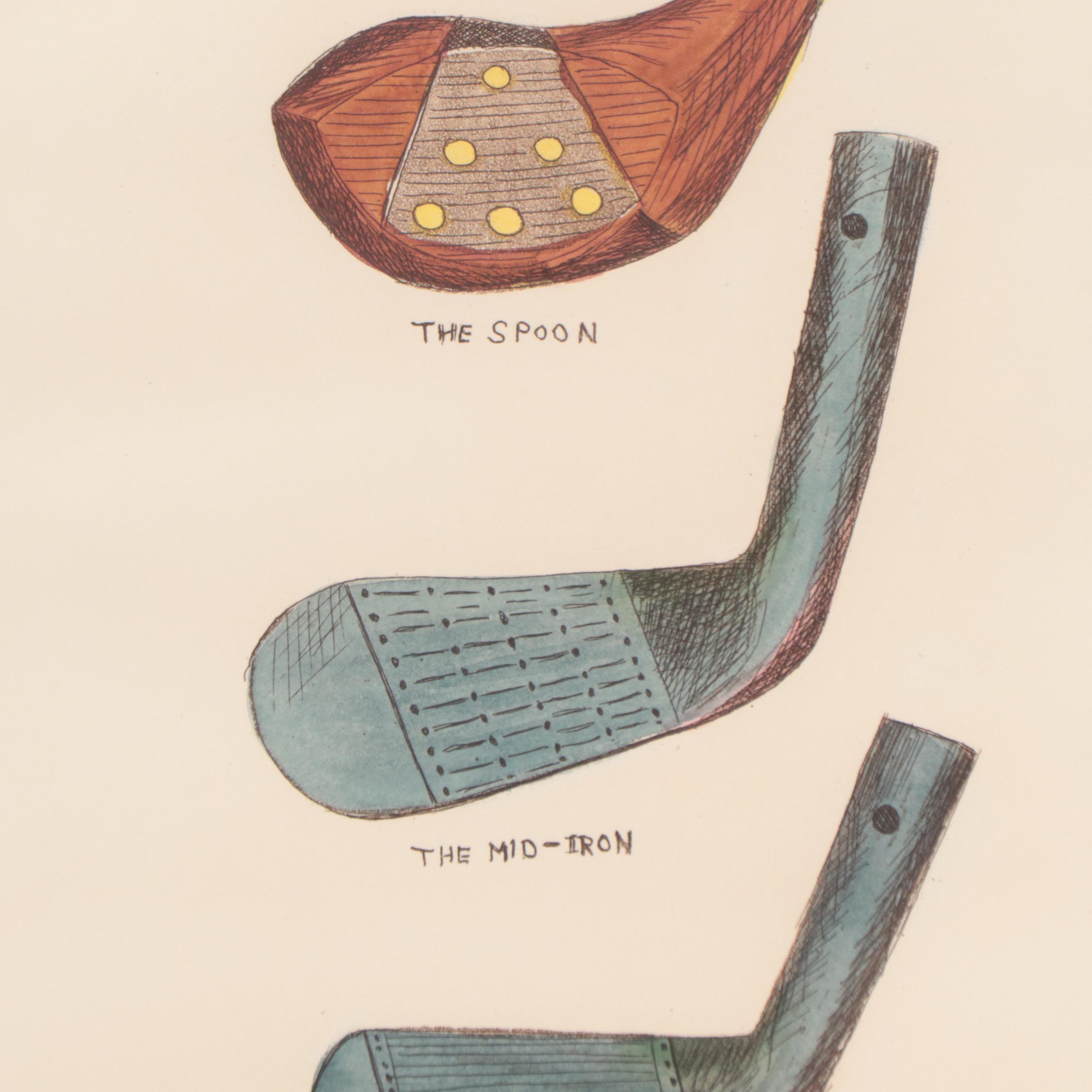 Charles Leonard Hand-Colored Etching of Golf Clubs, 1992