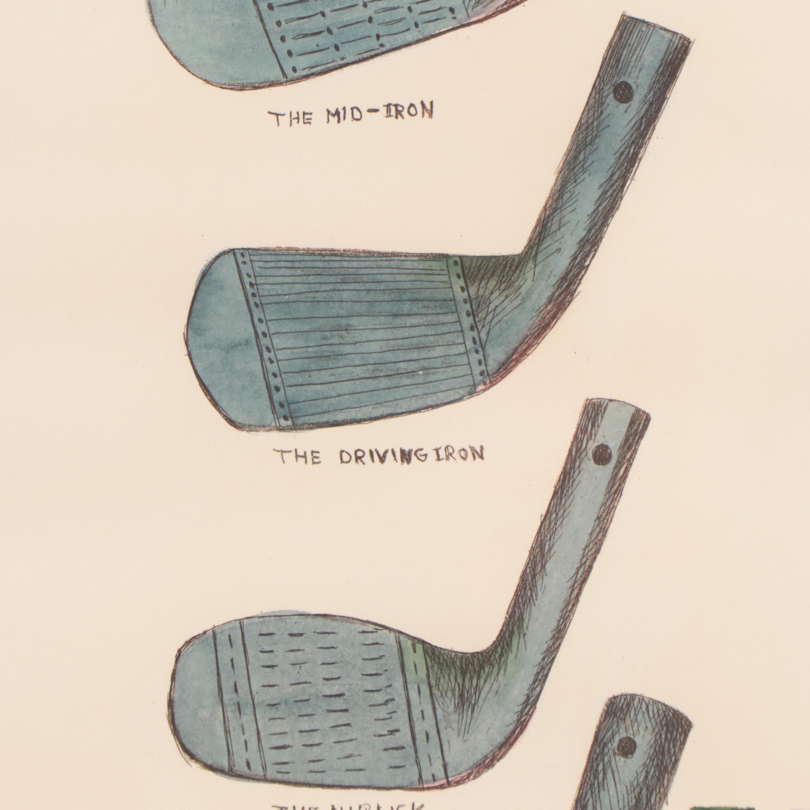 Charles Leonard Hand-Colored Etching of Golf Clubs, 1992
