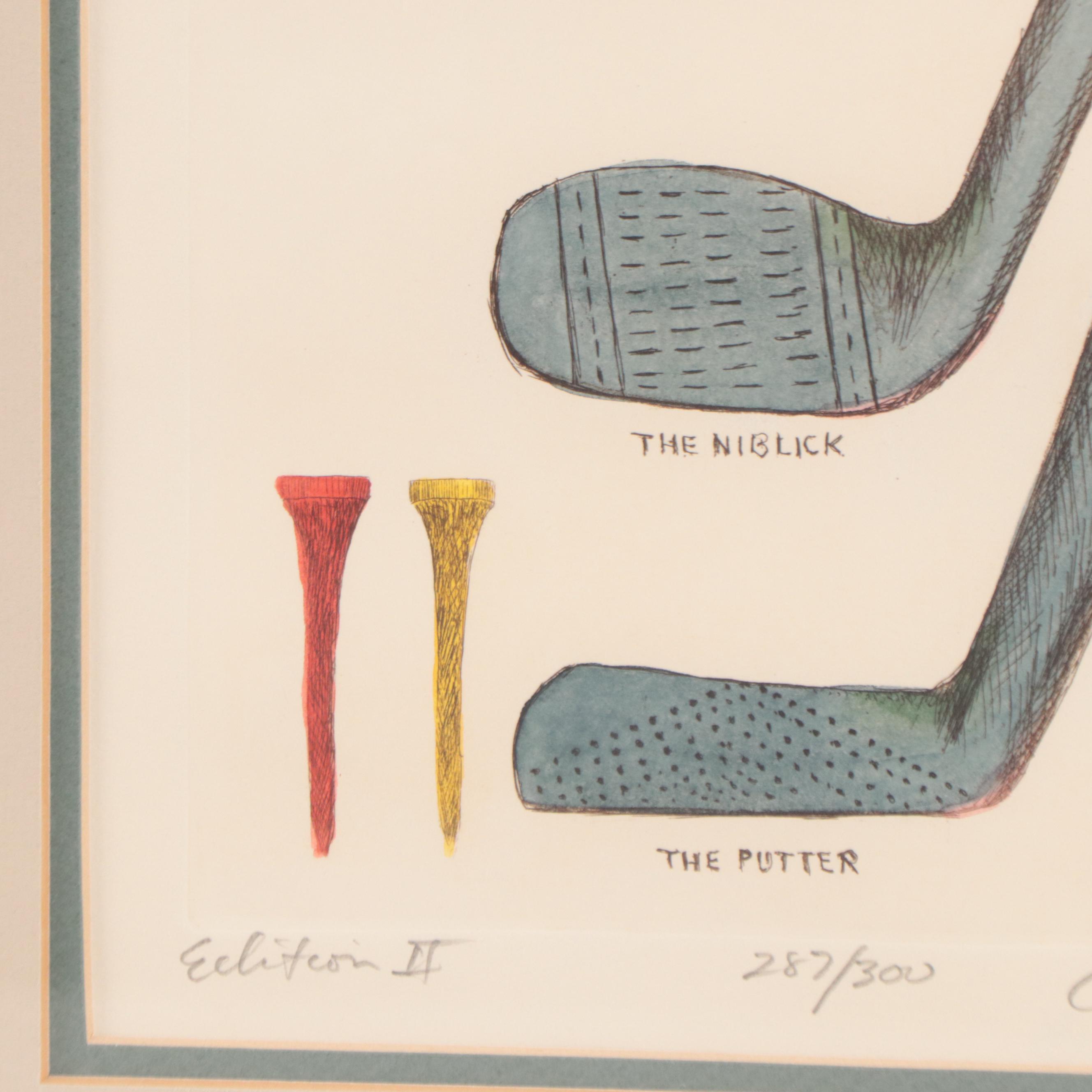 Charles Leonard Hand-Colored Etching of Golf Clubs, 1992