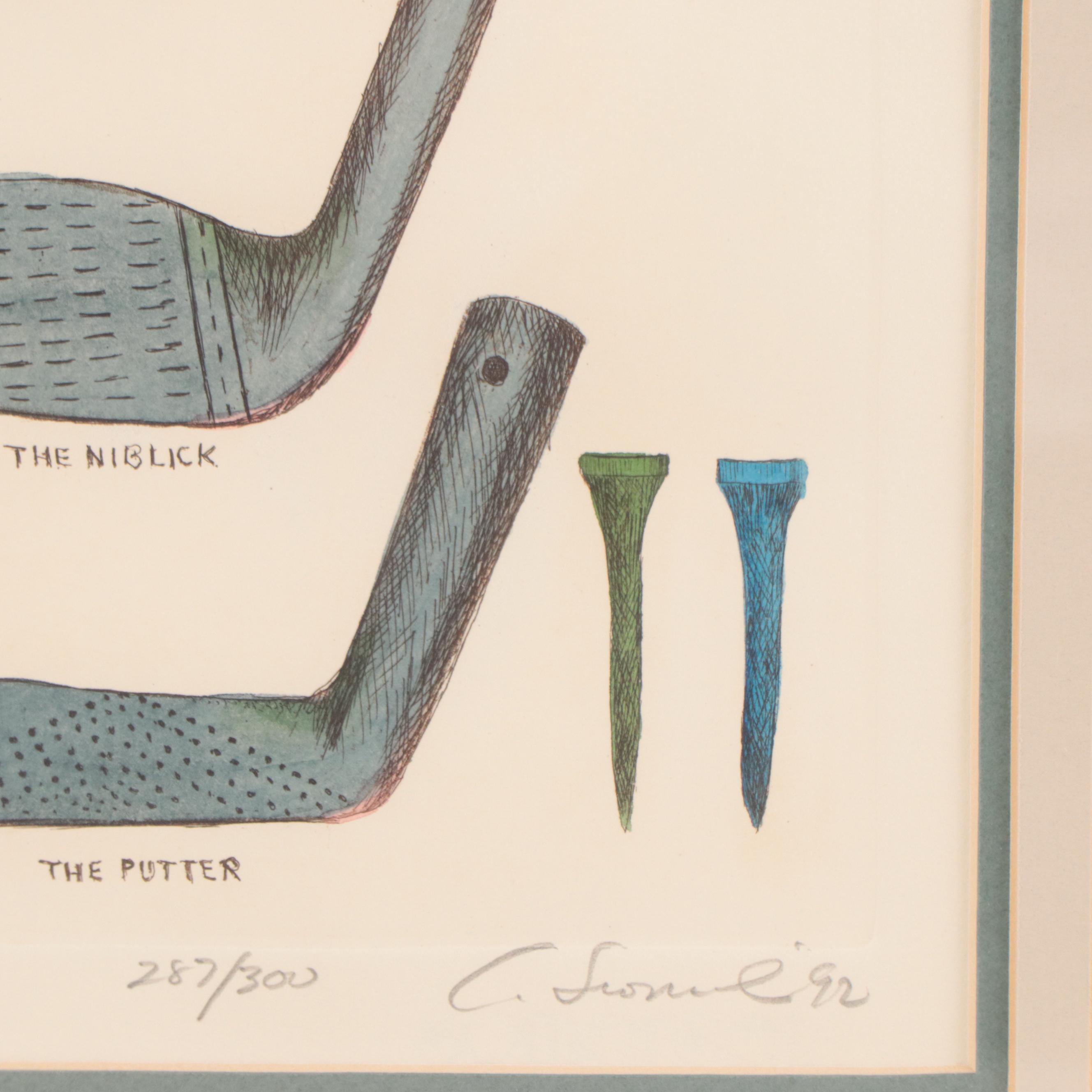 Charles Leonard Hand-Colored Etching of Golf Clubs, 1992
