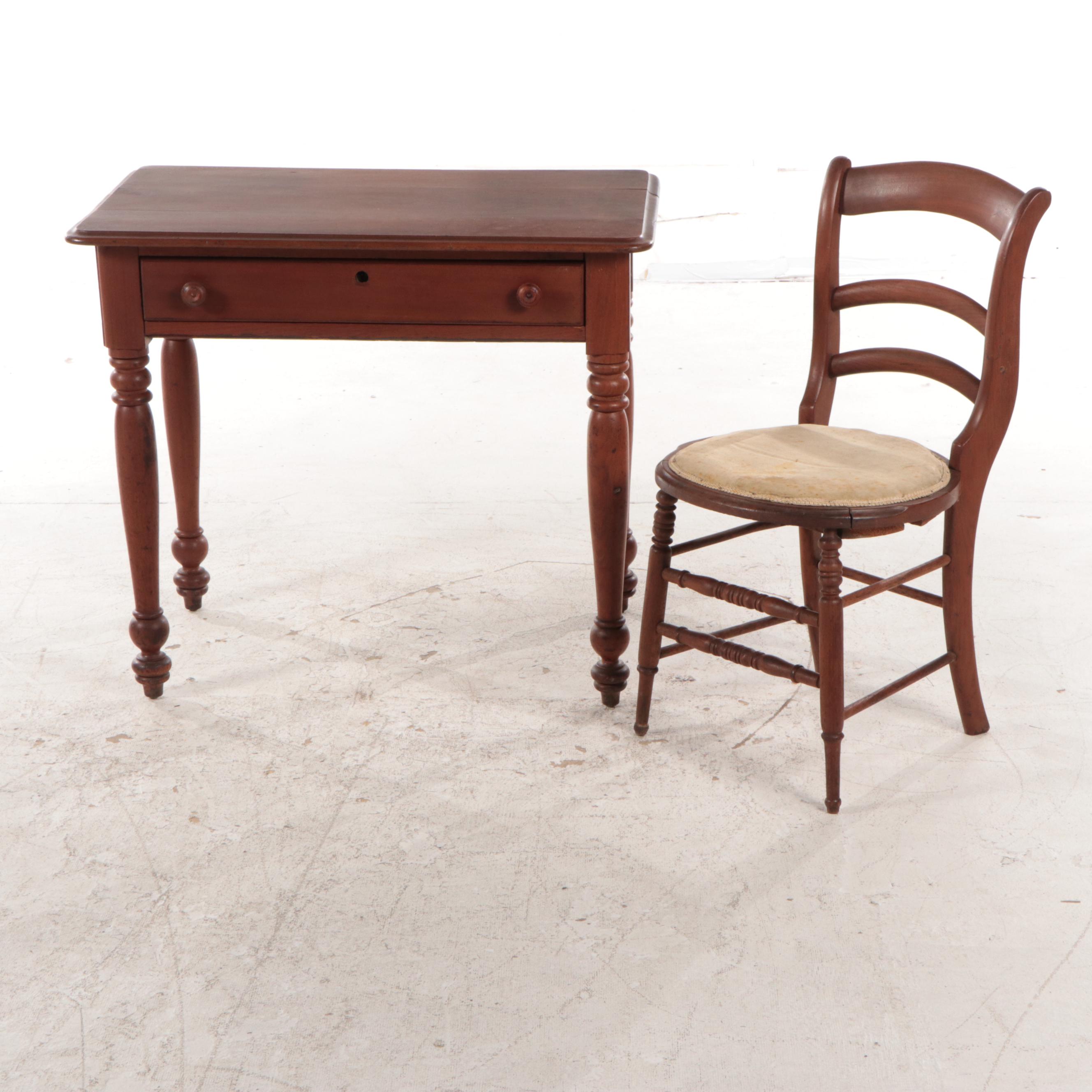 Victorian Walnut Desk and Chair, Classical Style Walnut Table and Iron Footstool