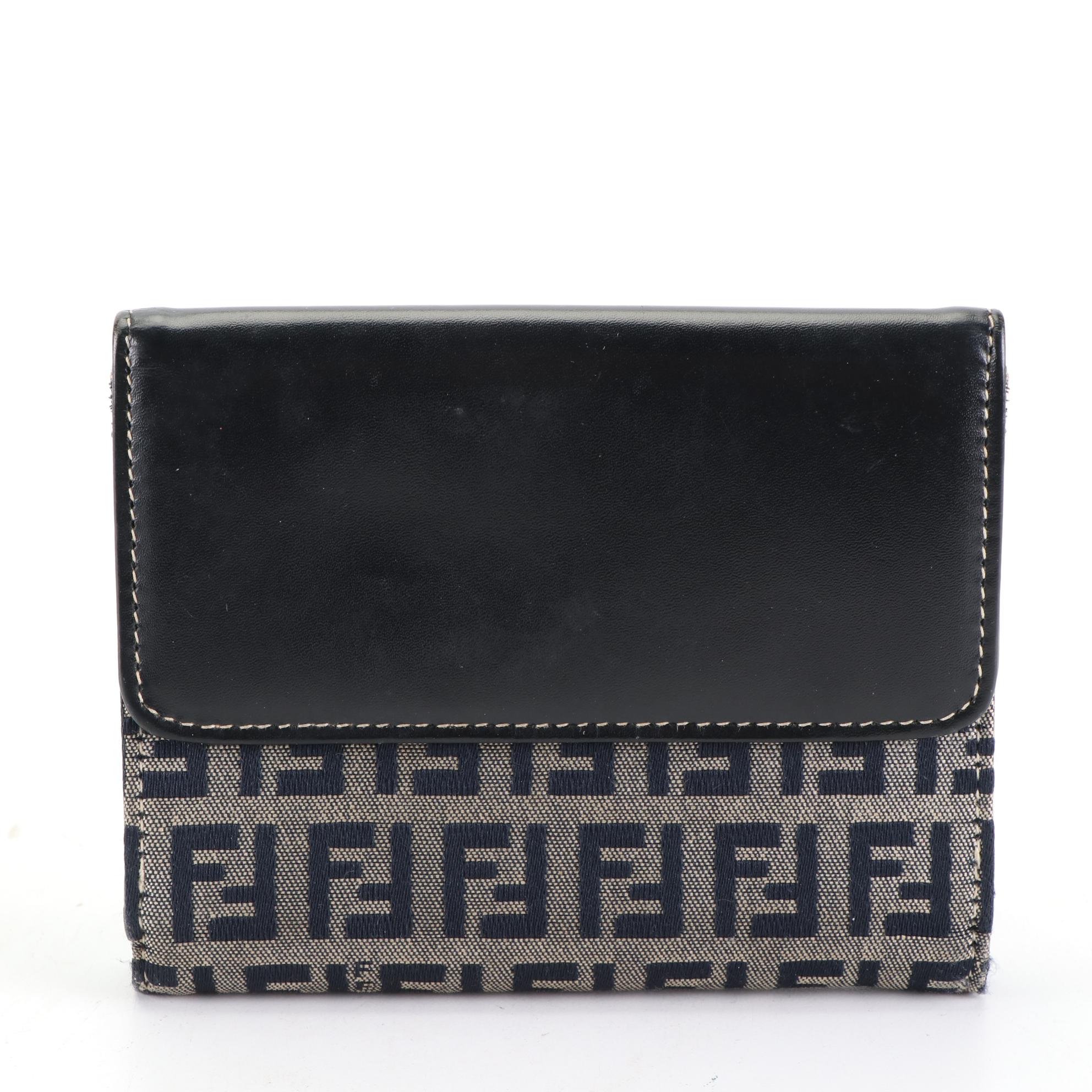 Fendi Folding Wallet in Black Zucca Canvas and Leather