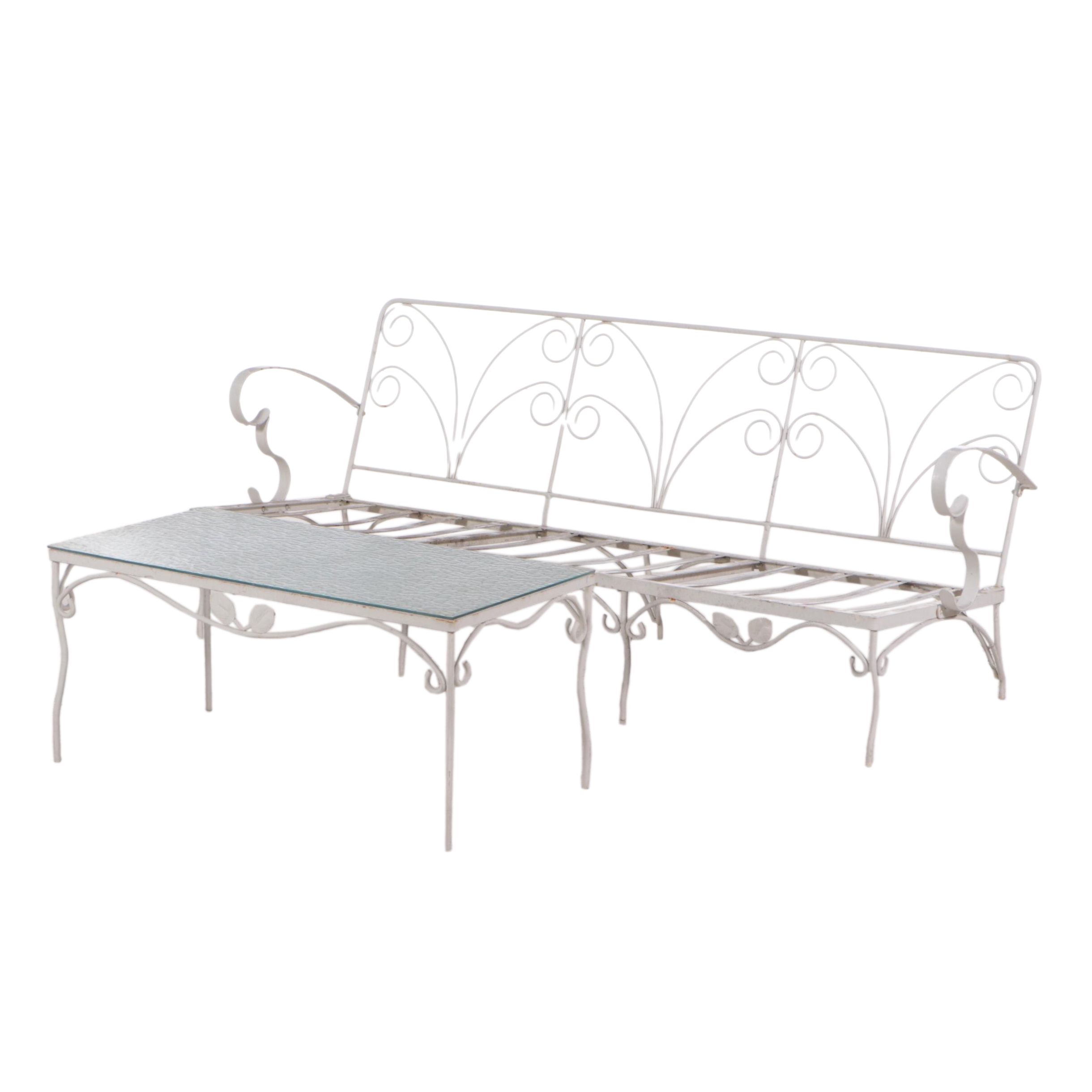 Mid Century Modern White Painted Wrought Iron Patio Sofa and Coffee Table