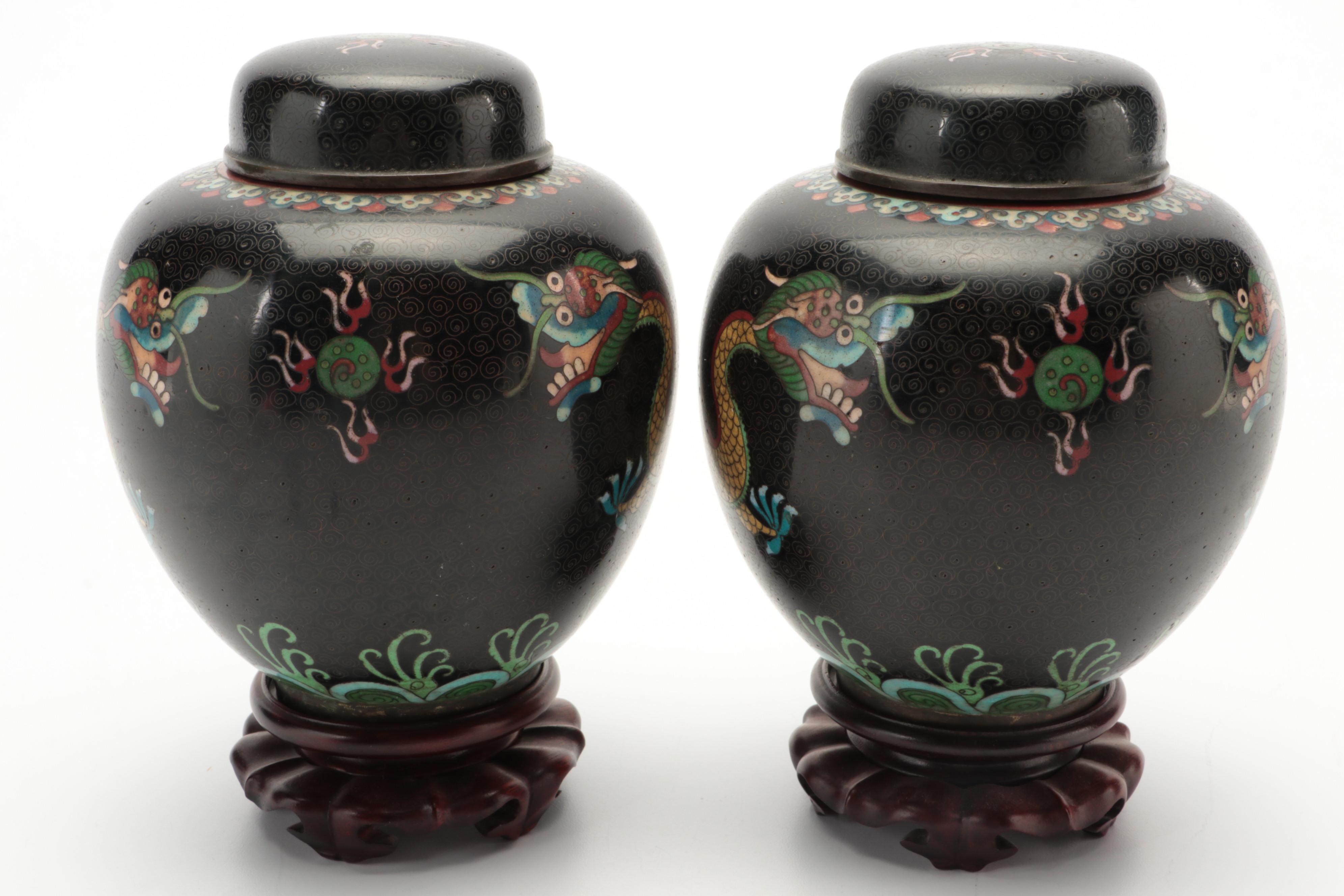 Chinese Cloisonné Dragon Chasing Pearl Motif Ginger Jar Pair, 20th Century