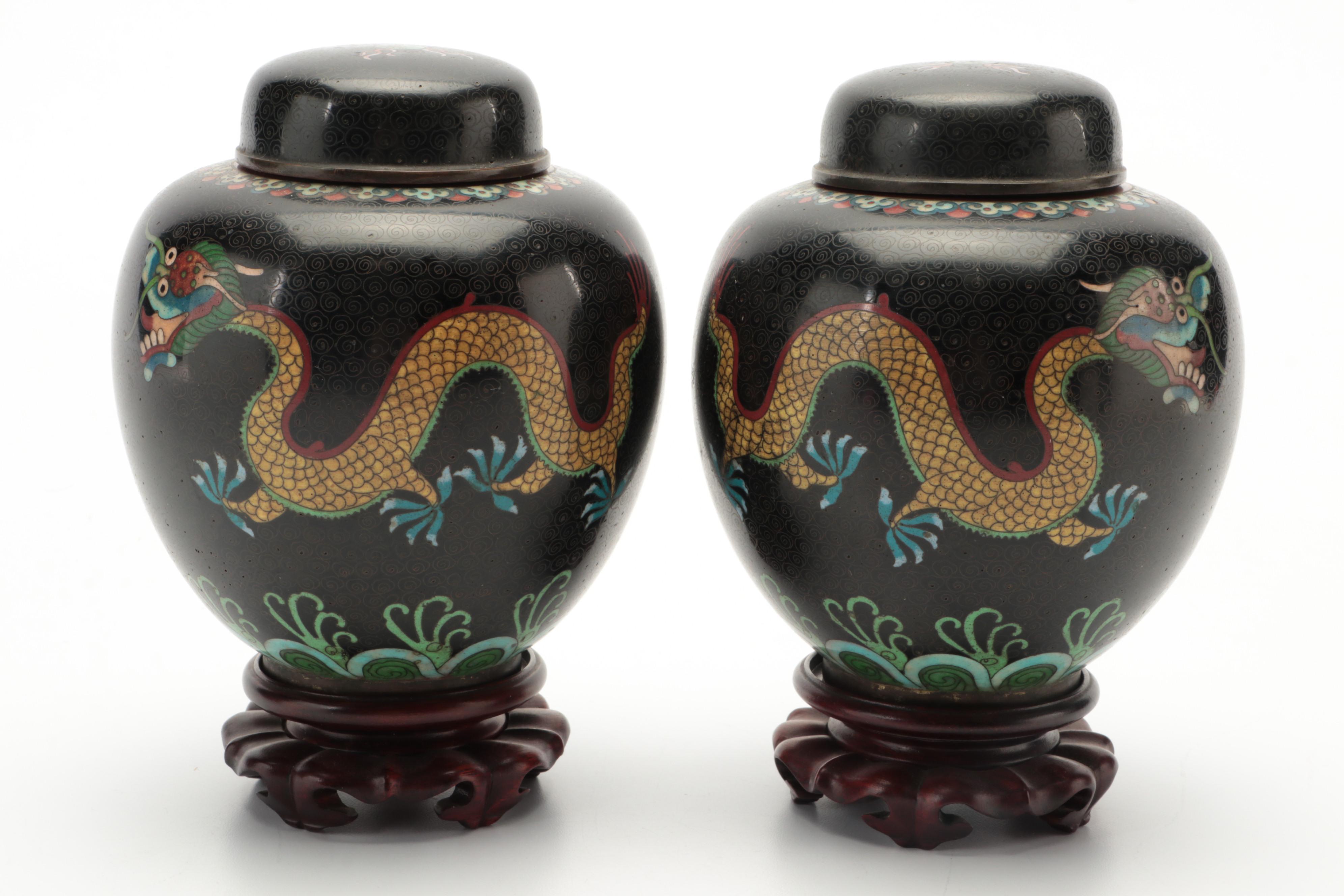 Chinese Cloisonné Dragon Chasing Pearl Motif Ginger Jar Pair, 20th Century
