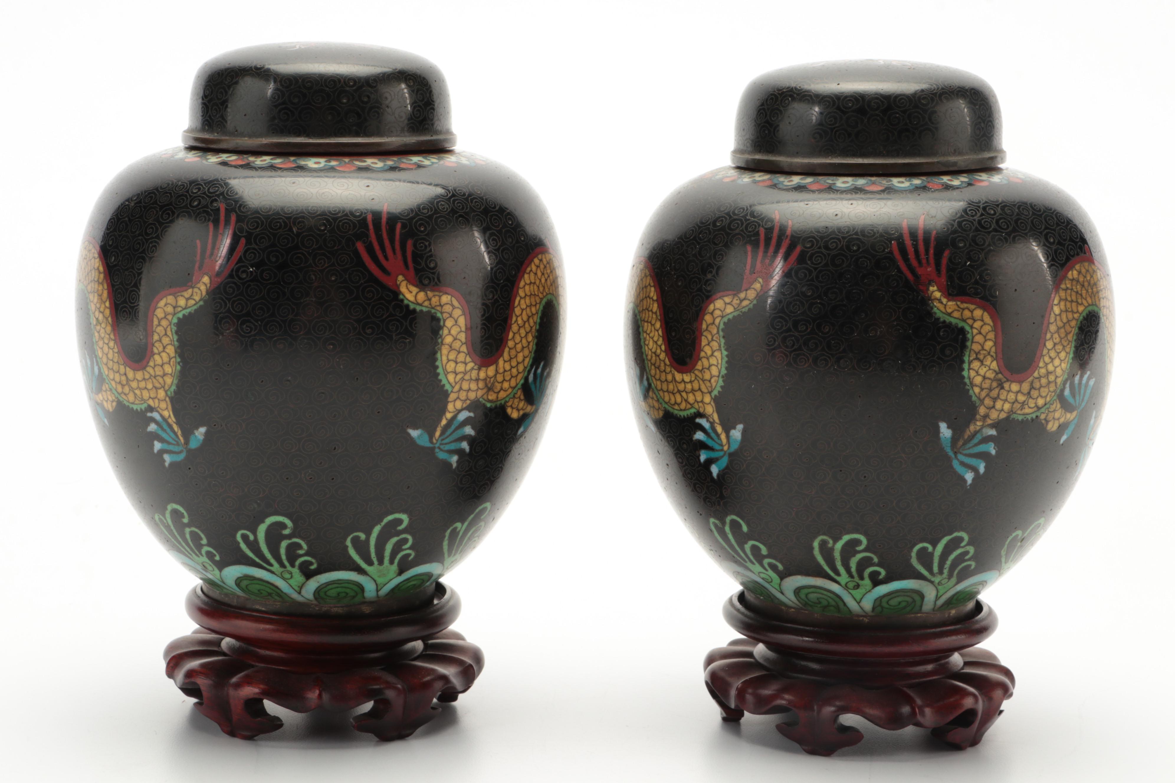 Chinese Cloisonné Dragon Chasing Pearl Motif Ginger Jar Pair, 20th Century