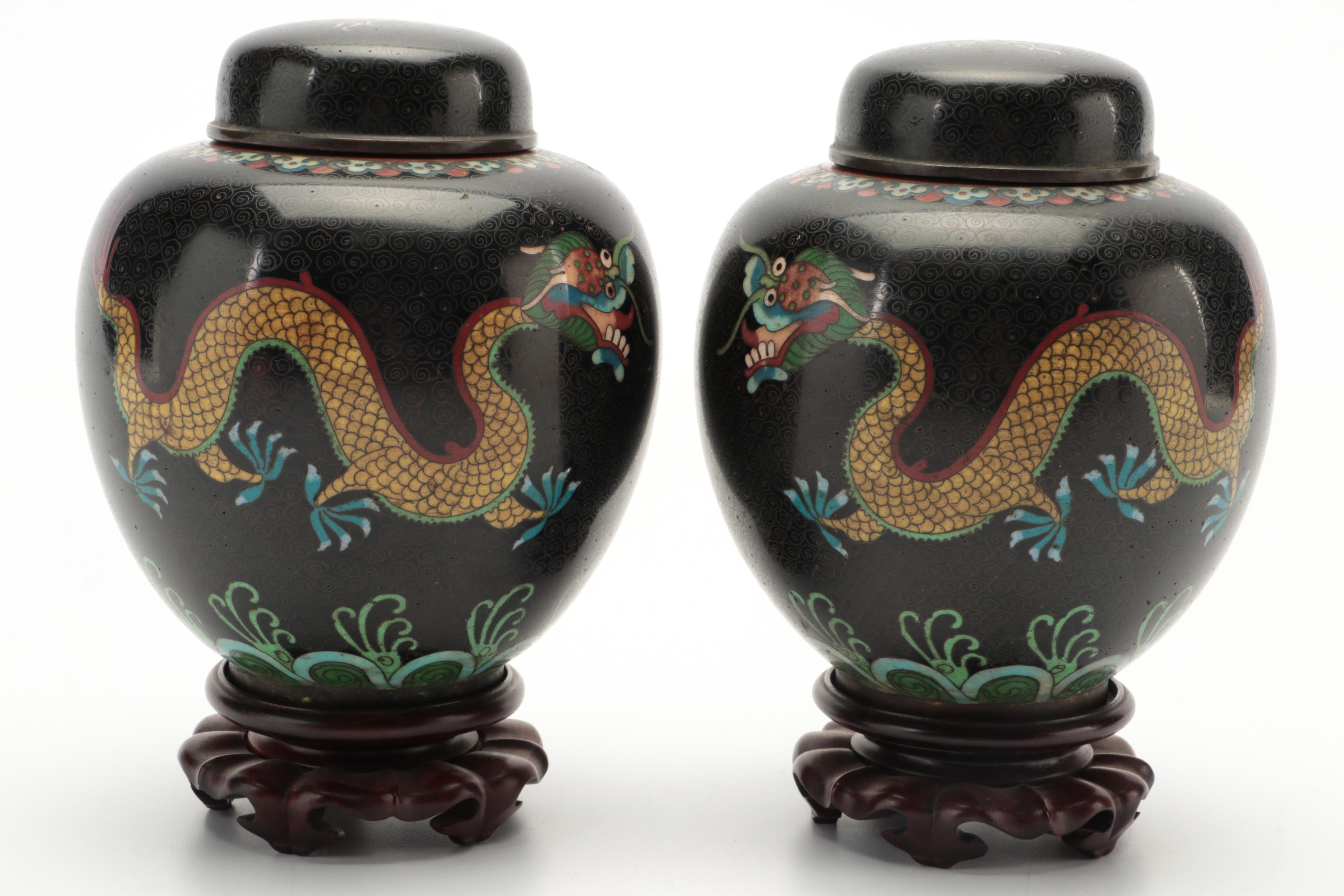 Chinese Cloisonné Dragon Chasing Pearl Motif Ginger Jar Pair, 20th Century