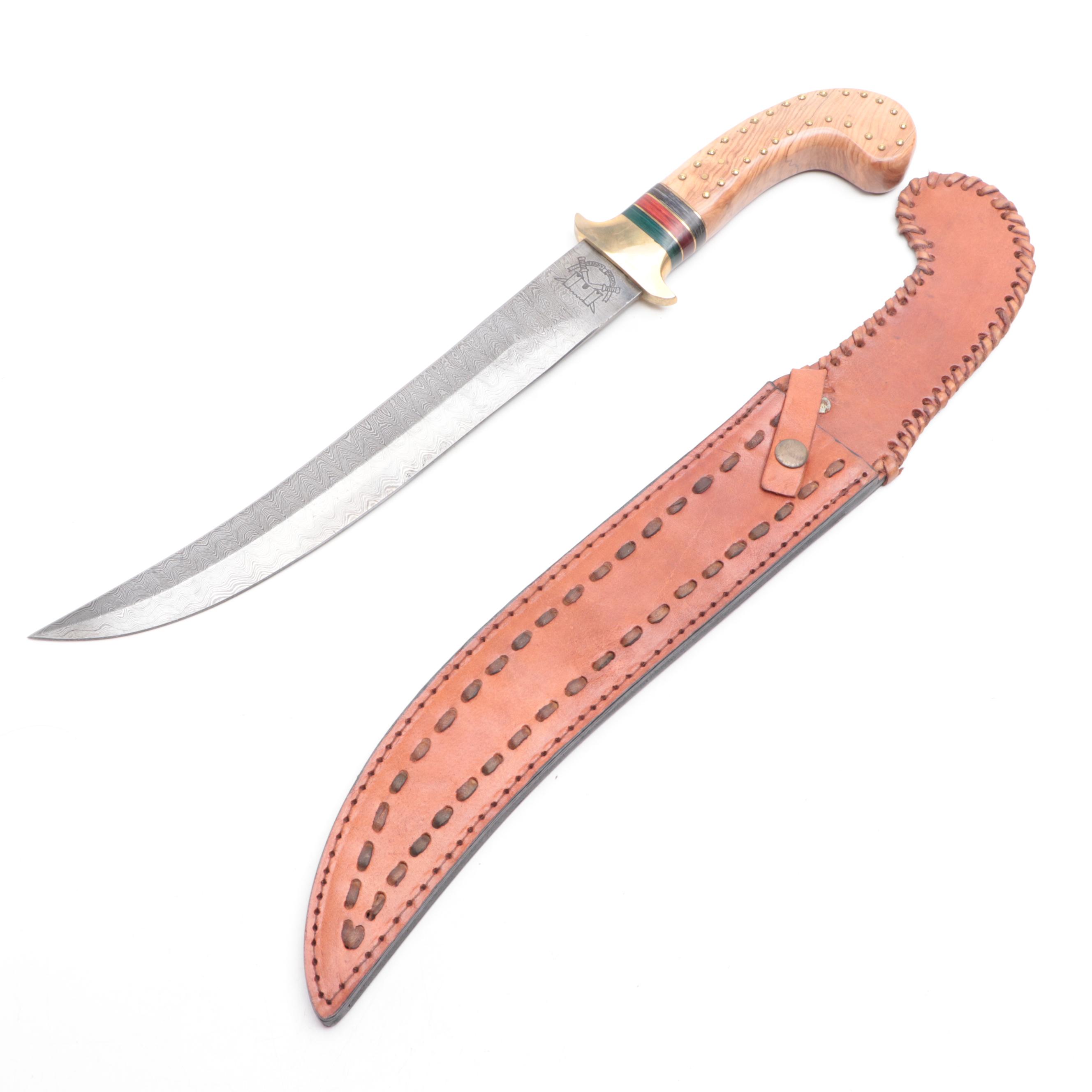 Khyber Damascus Steel and Wooden Handled Bowie Knife with Leather Scabbard