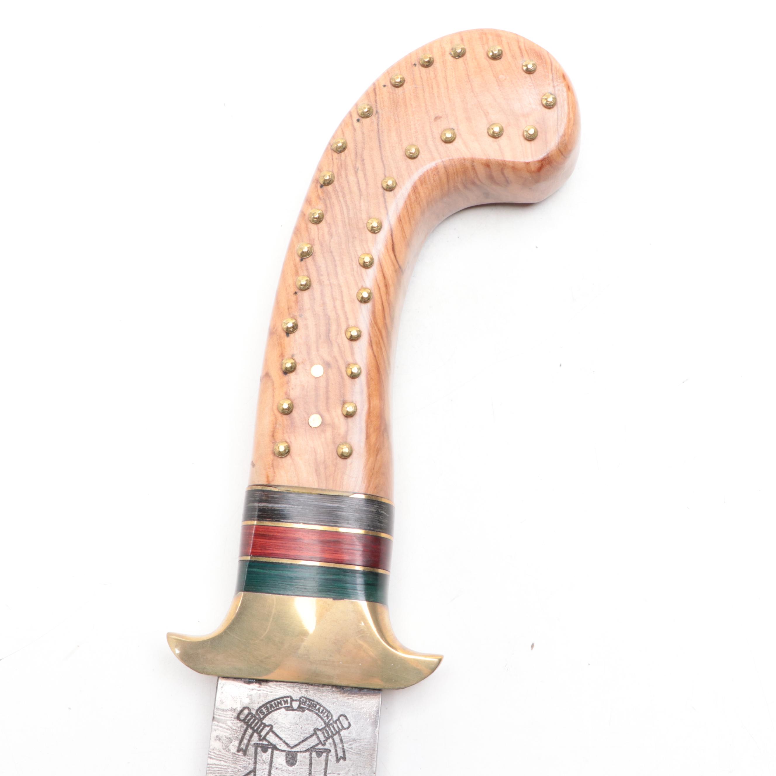 Khyber Damascus Steel and Wooden Handled Bowie Knife with Leather Scabbard