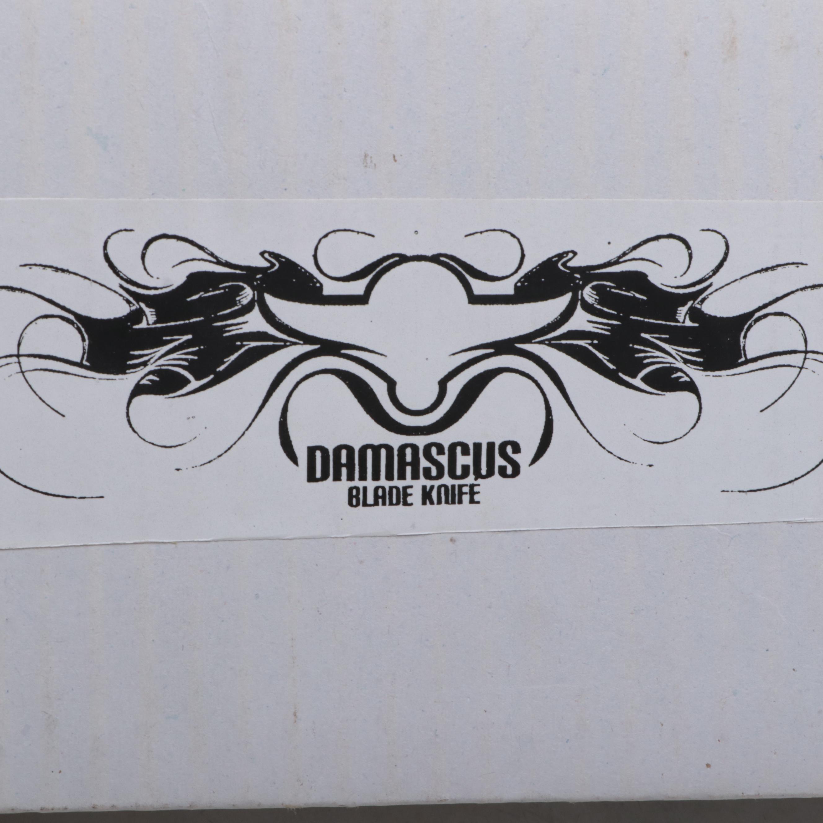 Khyber Damascus Steel and Wooden Handled Bowie Knife with Leather Scabbard