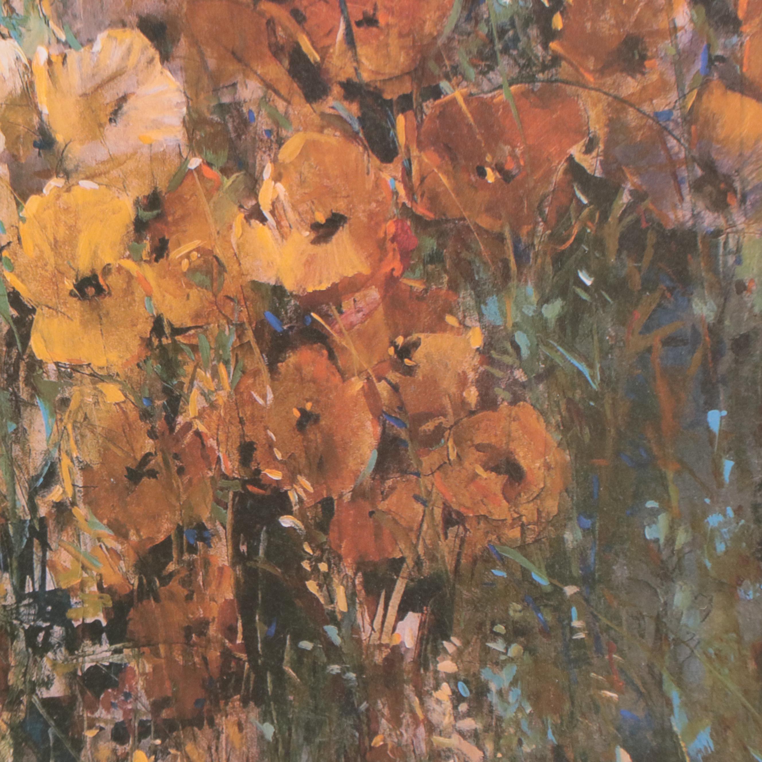 Embellished Offset Lithograph of Yellow Poppies