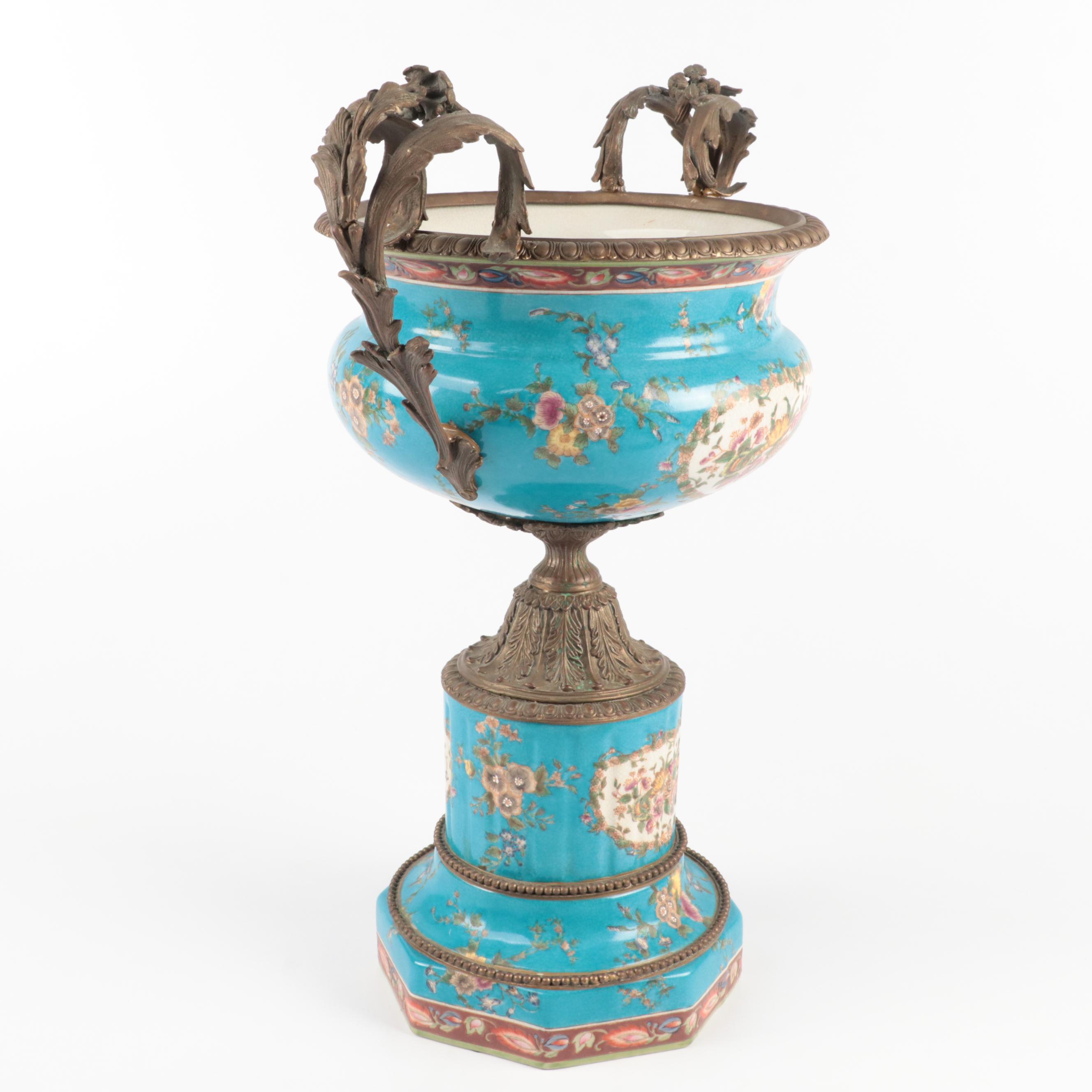 French Empire Style Brass-Mounted Porcelain Pedestal Bowl