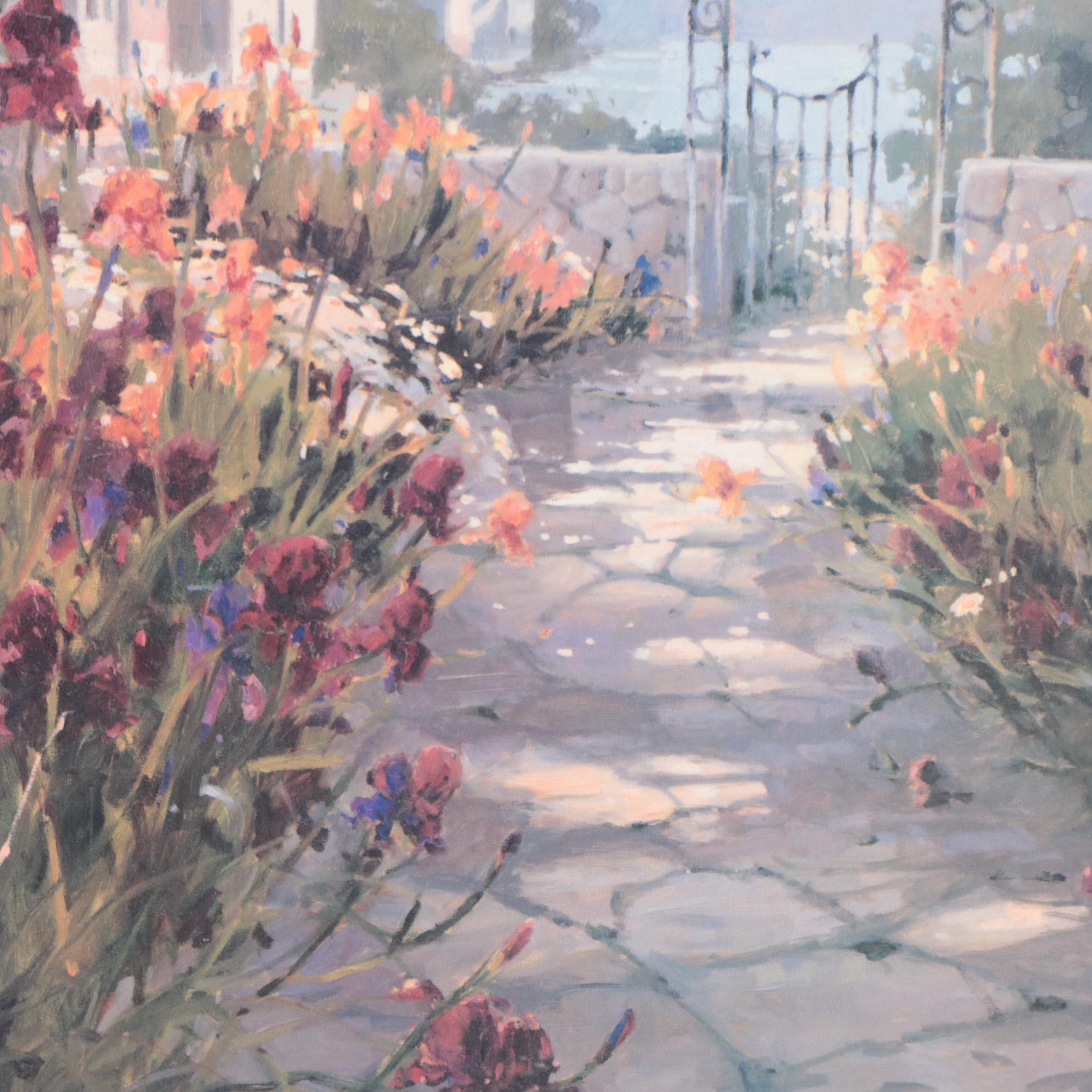 Embellished Offset Lithograph After Marilyn Simandle of Garden Scene