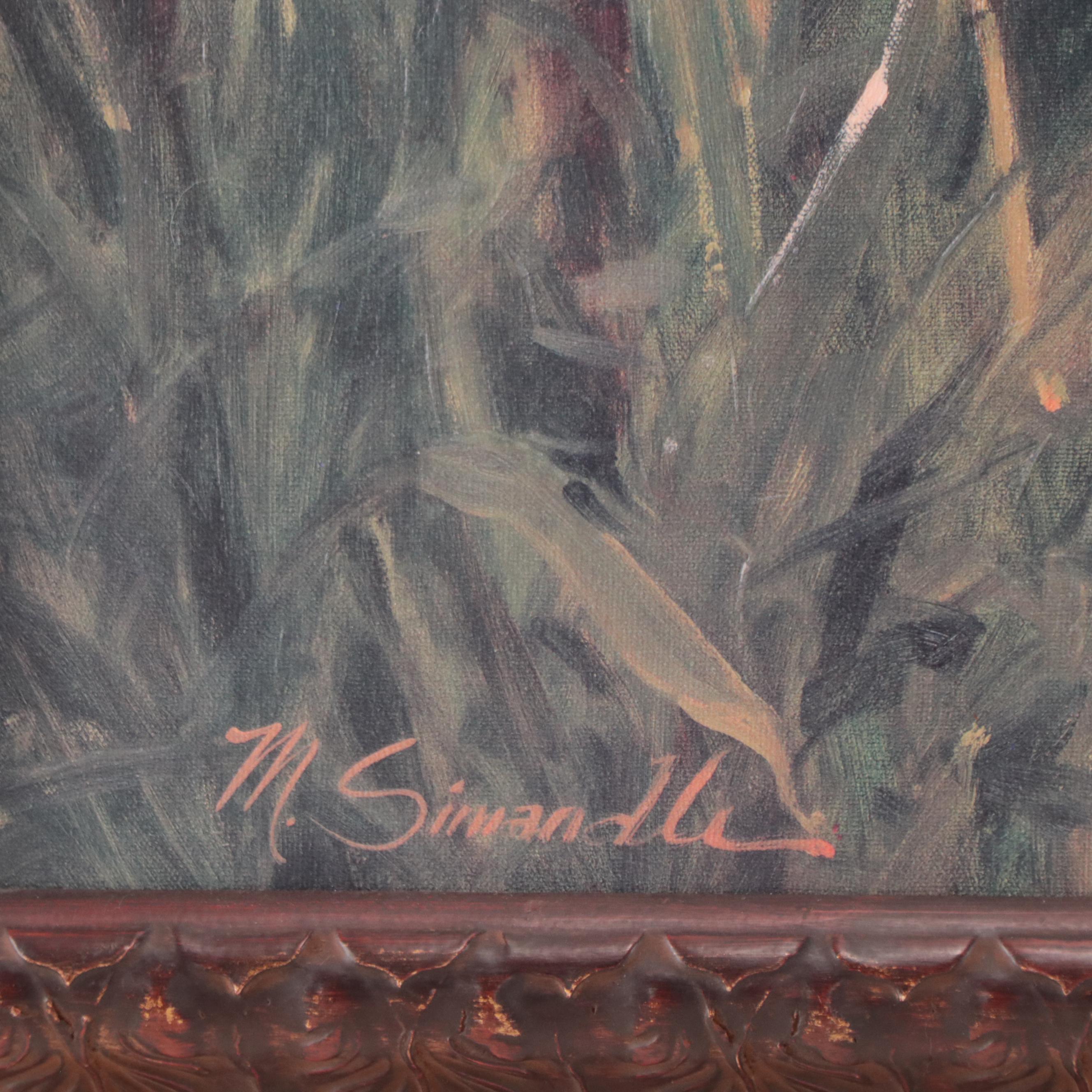 Embellished Offset Lithograph After Marilyn Simandle of Garden Scene