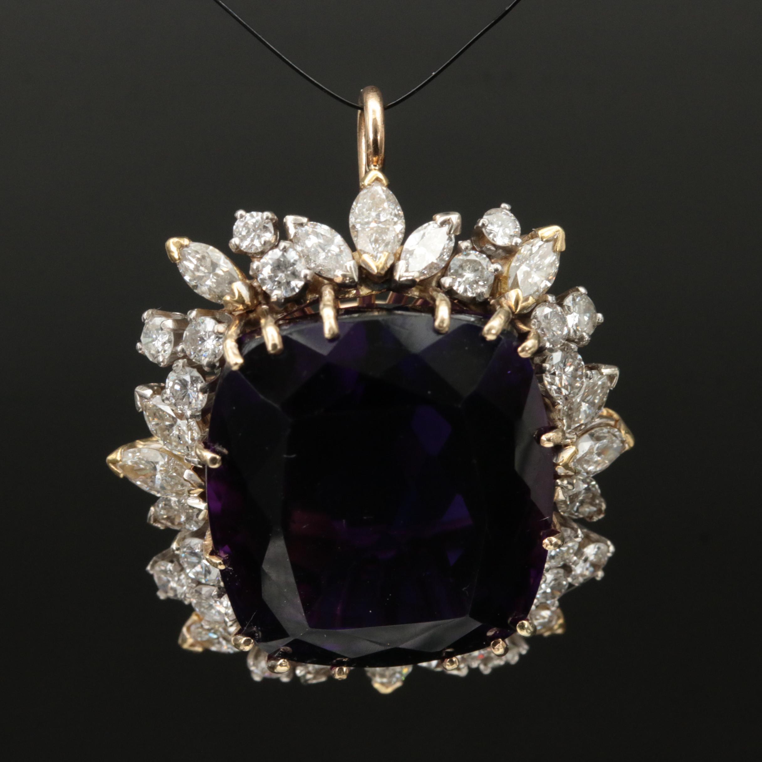 1960s 14K 37.42 CT Amethyst and 3.54 CTW Diamond Pendant